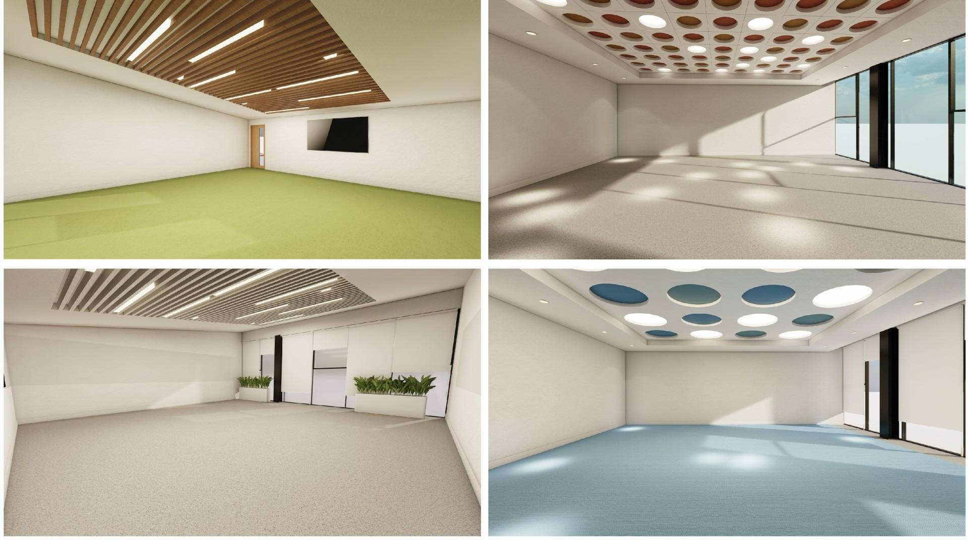 La imagen muestra cuatro espacios interiores con diferentes diseños y colores de suelo.