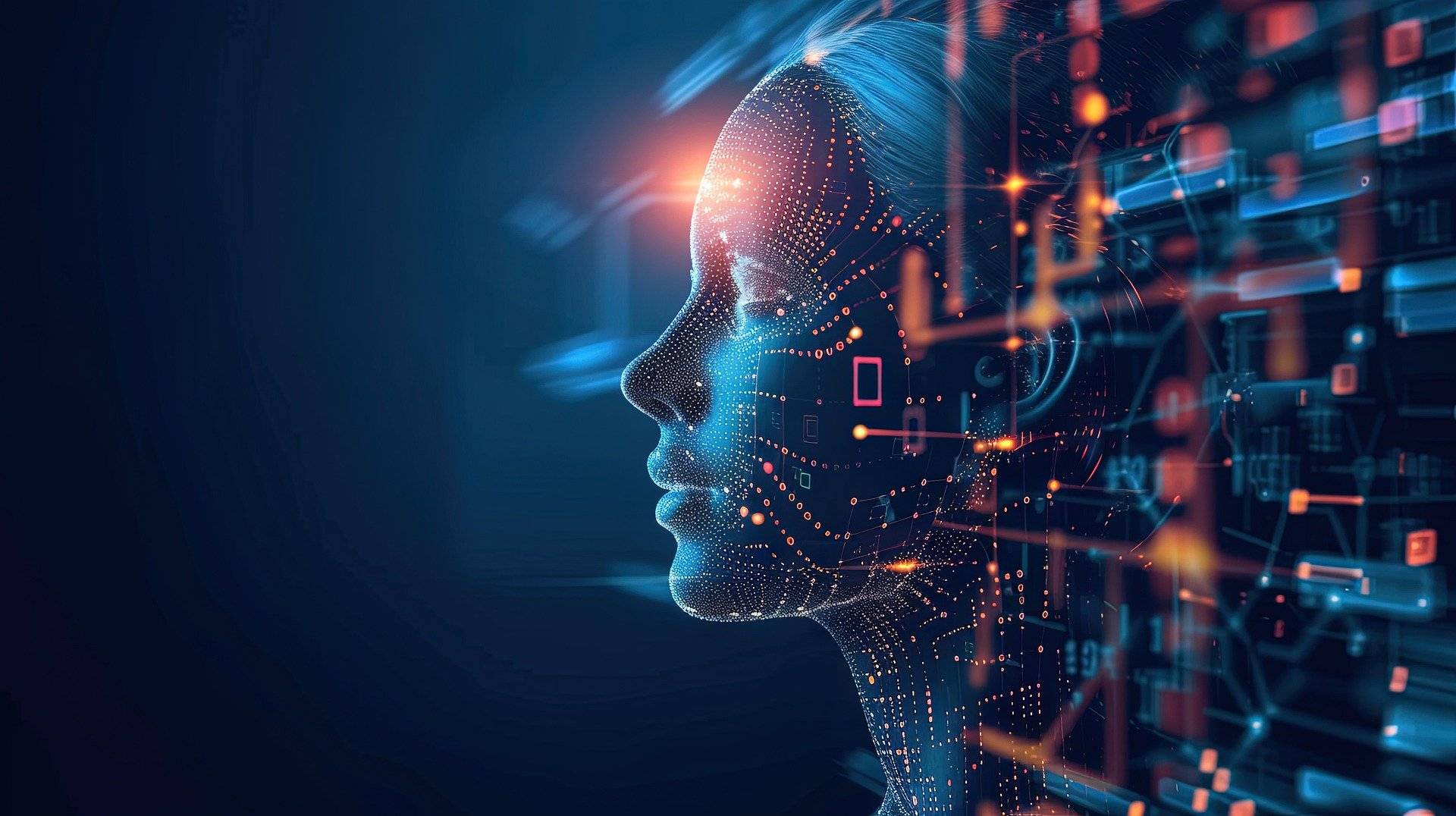 Imagen de un perfil femenino compuesto por patrones digitales y datos tecnológicos en un fondo oscuro.