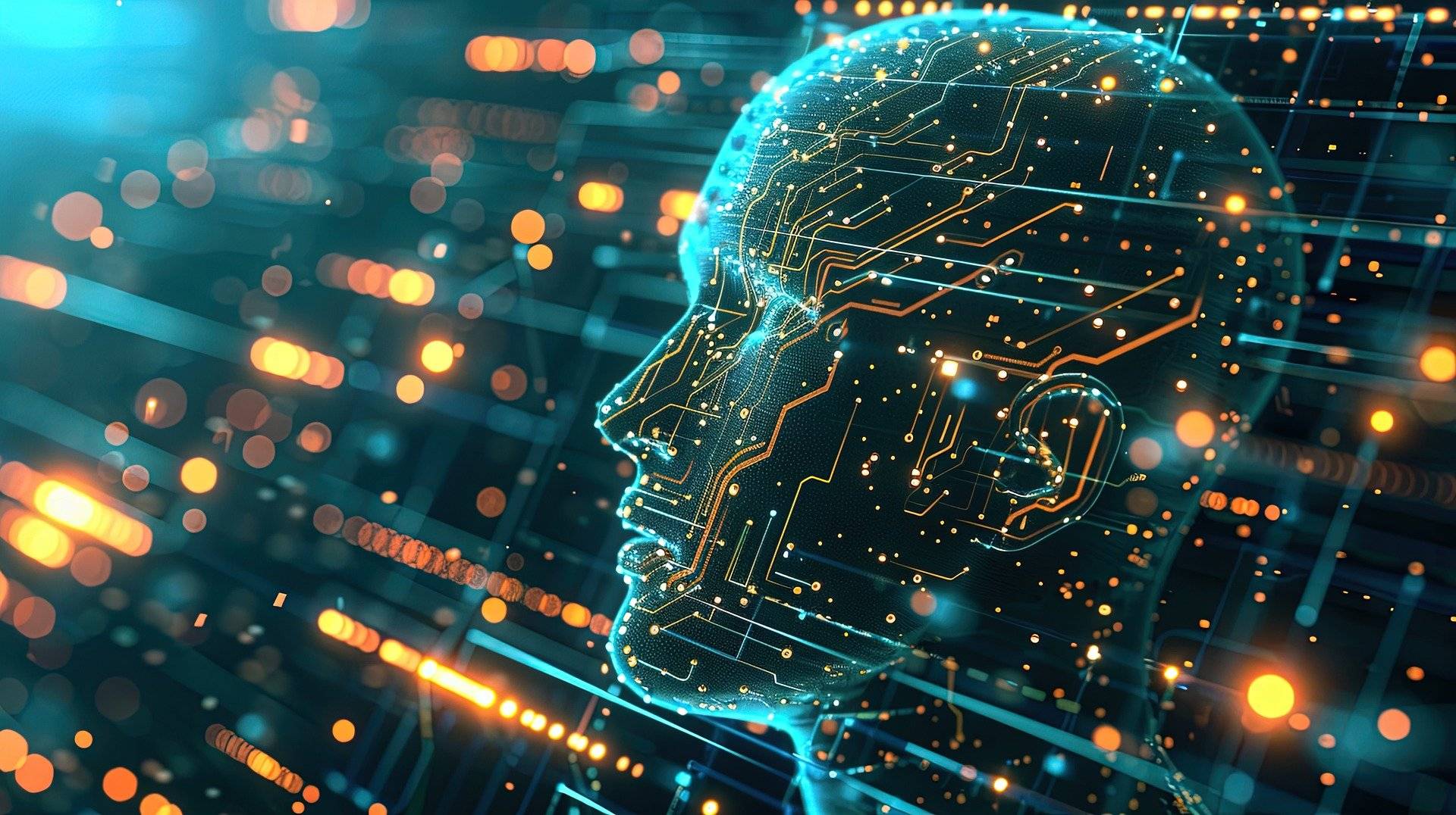 La imagen muestra un rostro humano estilizado con circuitos y luces brillantes, representando la conexión entre la tecnología y la inteligencia artificial.