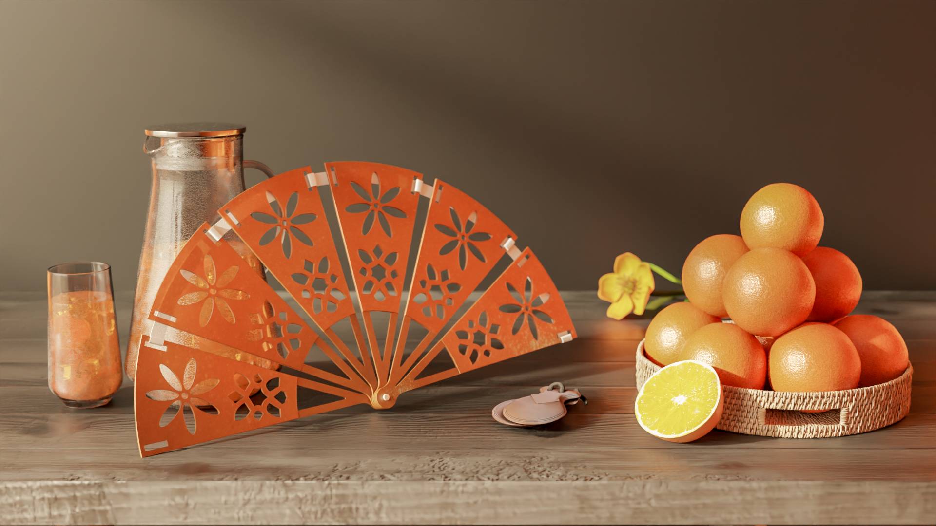 Una composición estética con un abanico naranja, naranjas en una cesta y un vaso de jugo.