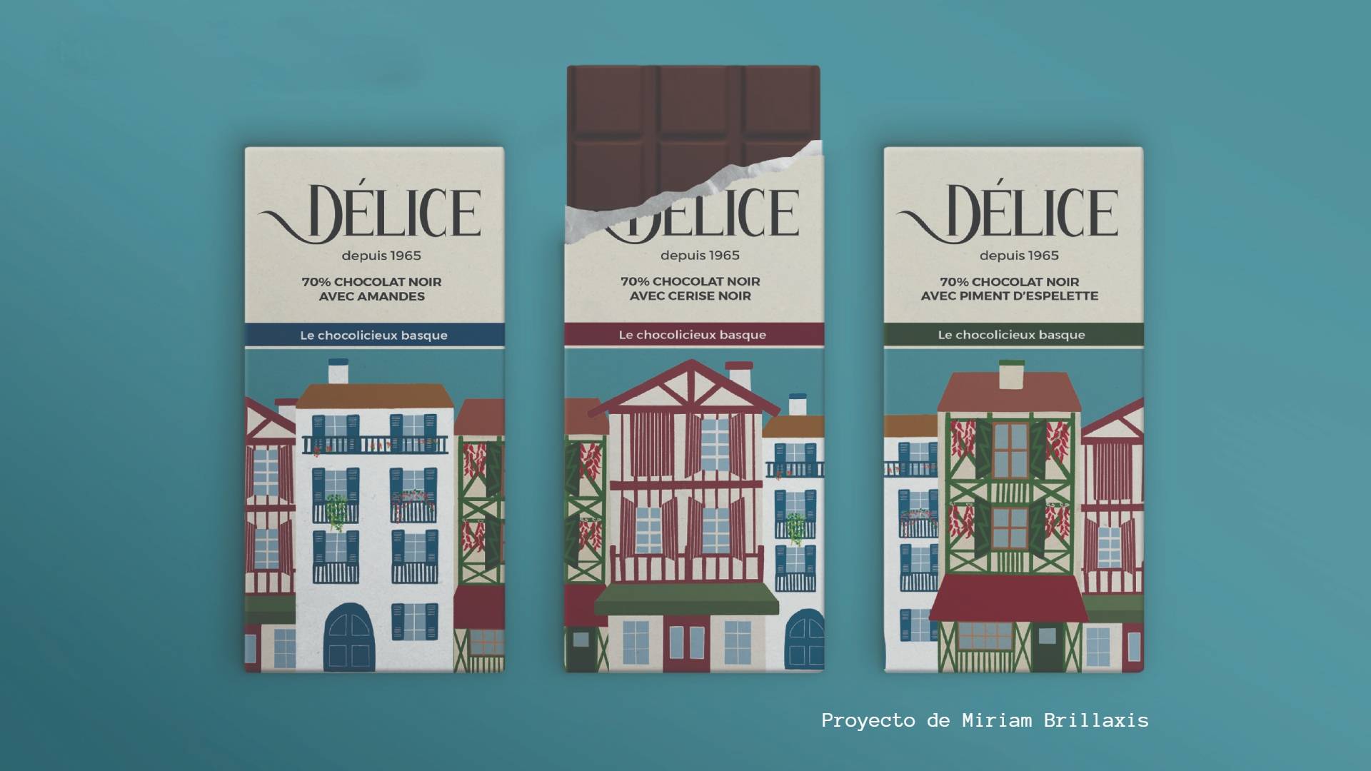 Tres envolturas de chocolates con diseños de casas coloridas y un logotipo destacado.