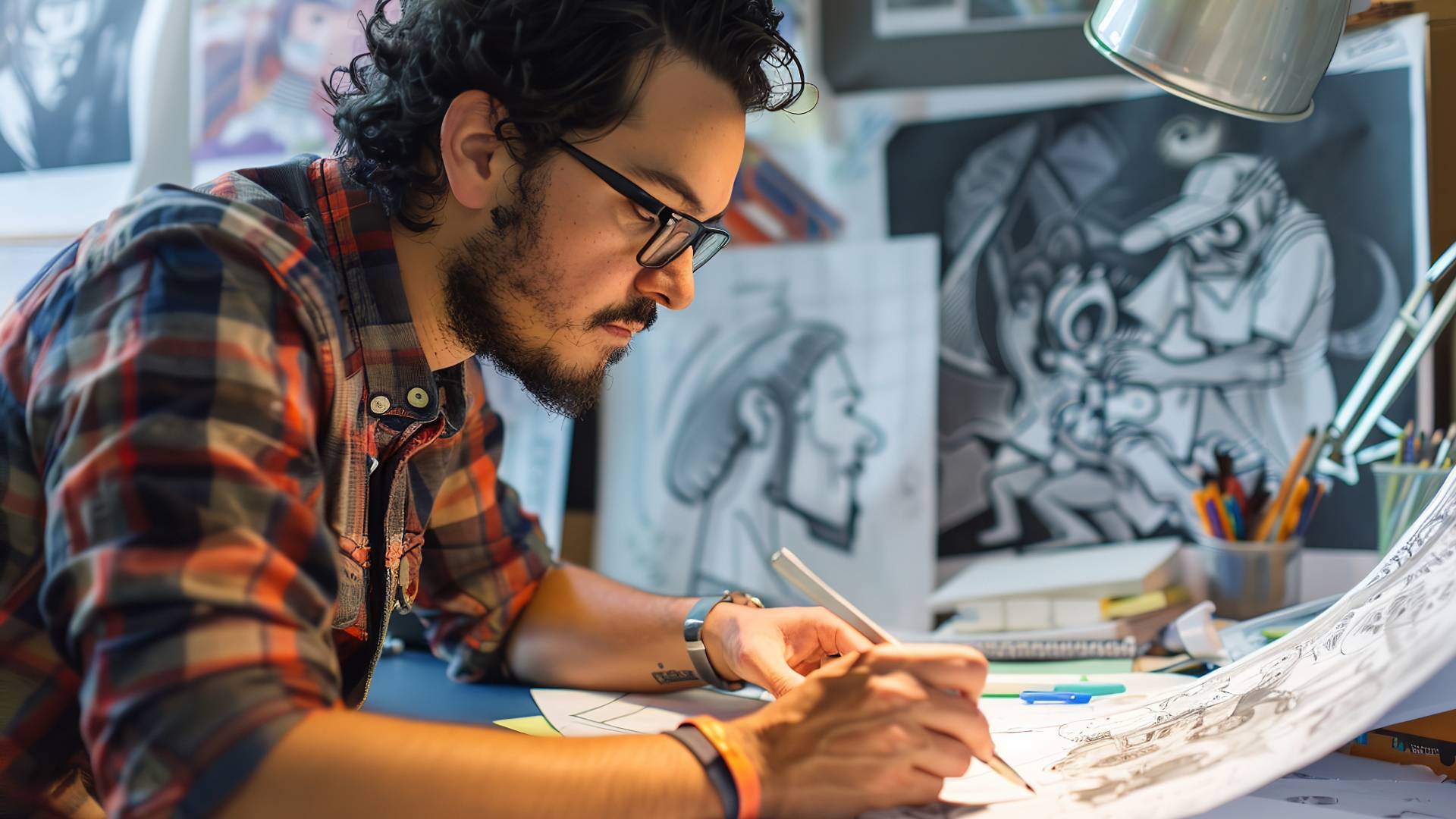 Un artista dibujando en su mesa de trabajo mientras observa bocetos de fondo.