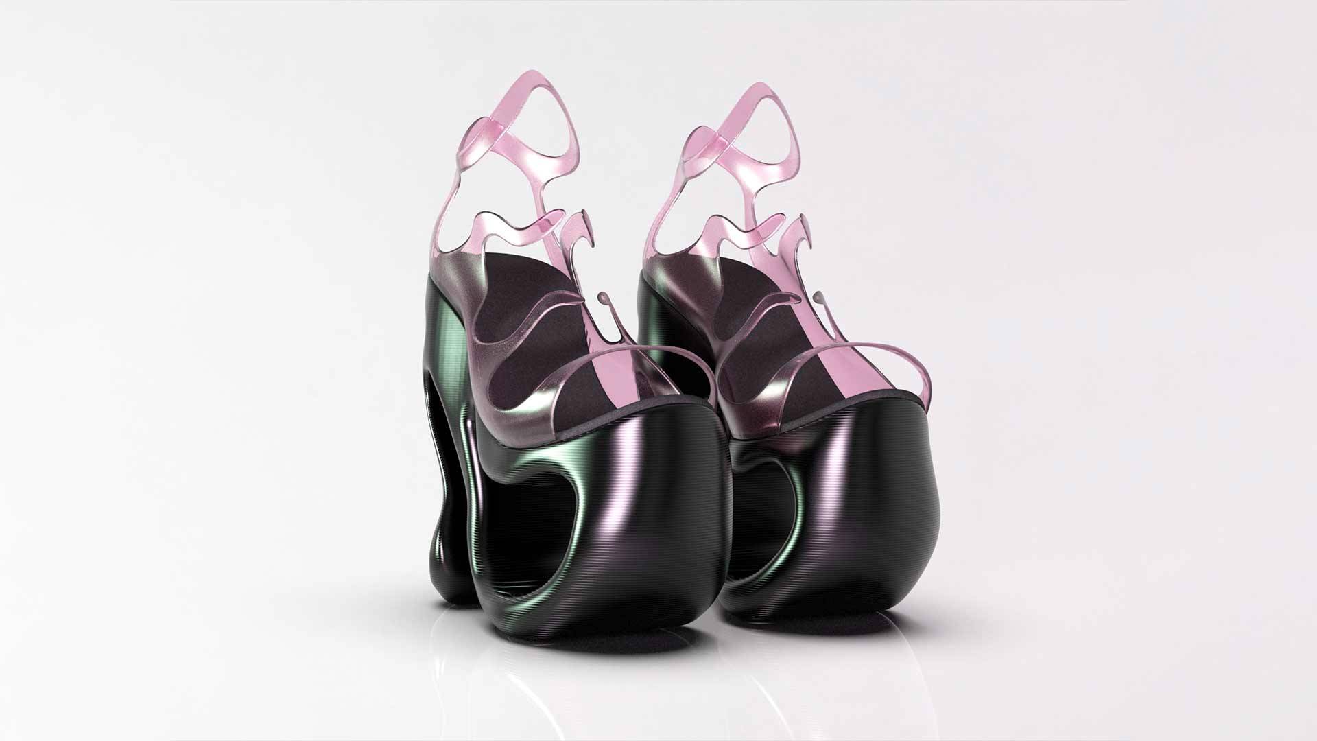 Un par de zapatos de tacón negro con detalles en rosa y un diseño futurista.