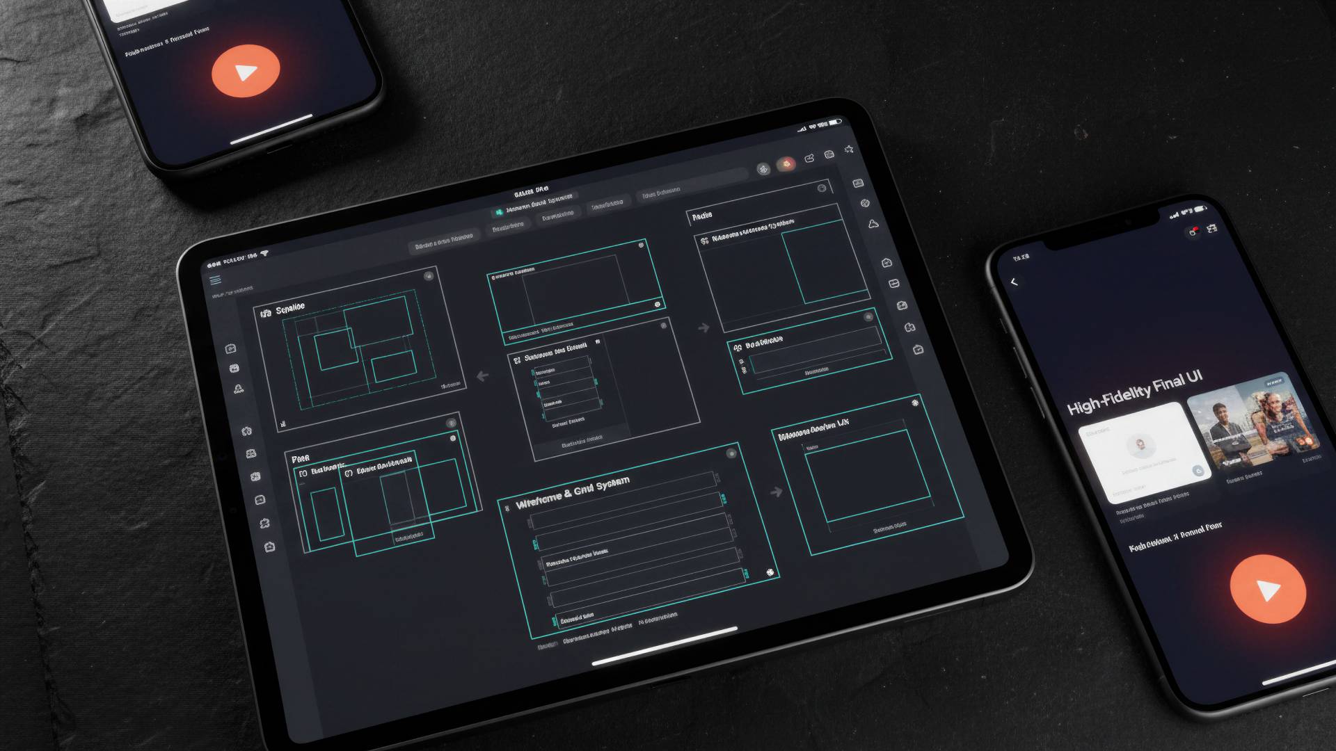 La imagen muestra un conjunto de dispositivos electrónicos que incluyen un iPad y dos teléfonos móviles, todos mostrando interfaces de usuario.