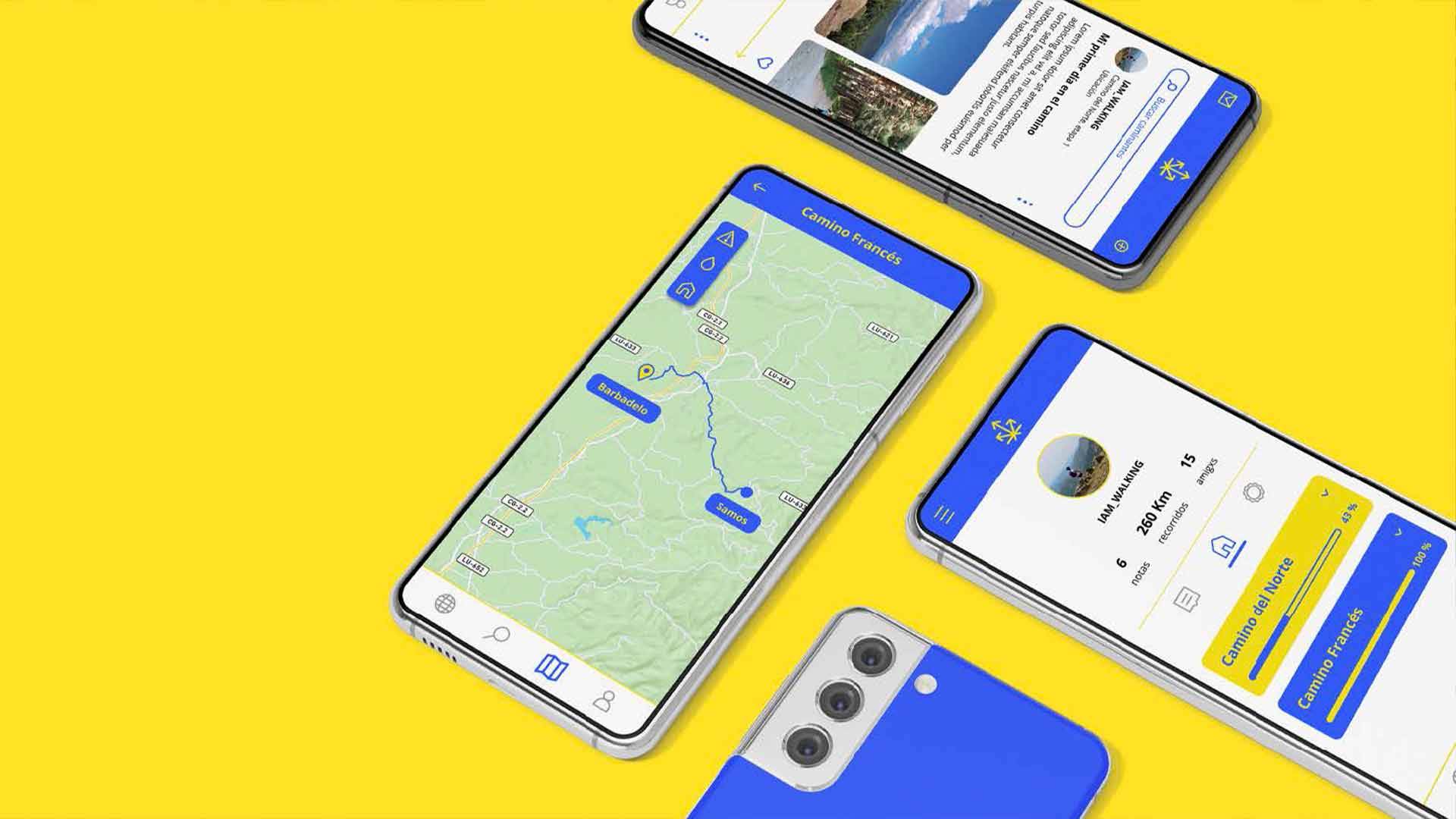 La imagen muestra varios smartphones sobre un fondo amarillo, destacando una aplicación de mapas en una de las pantallas.