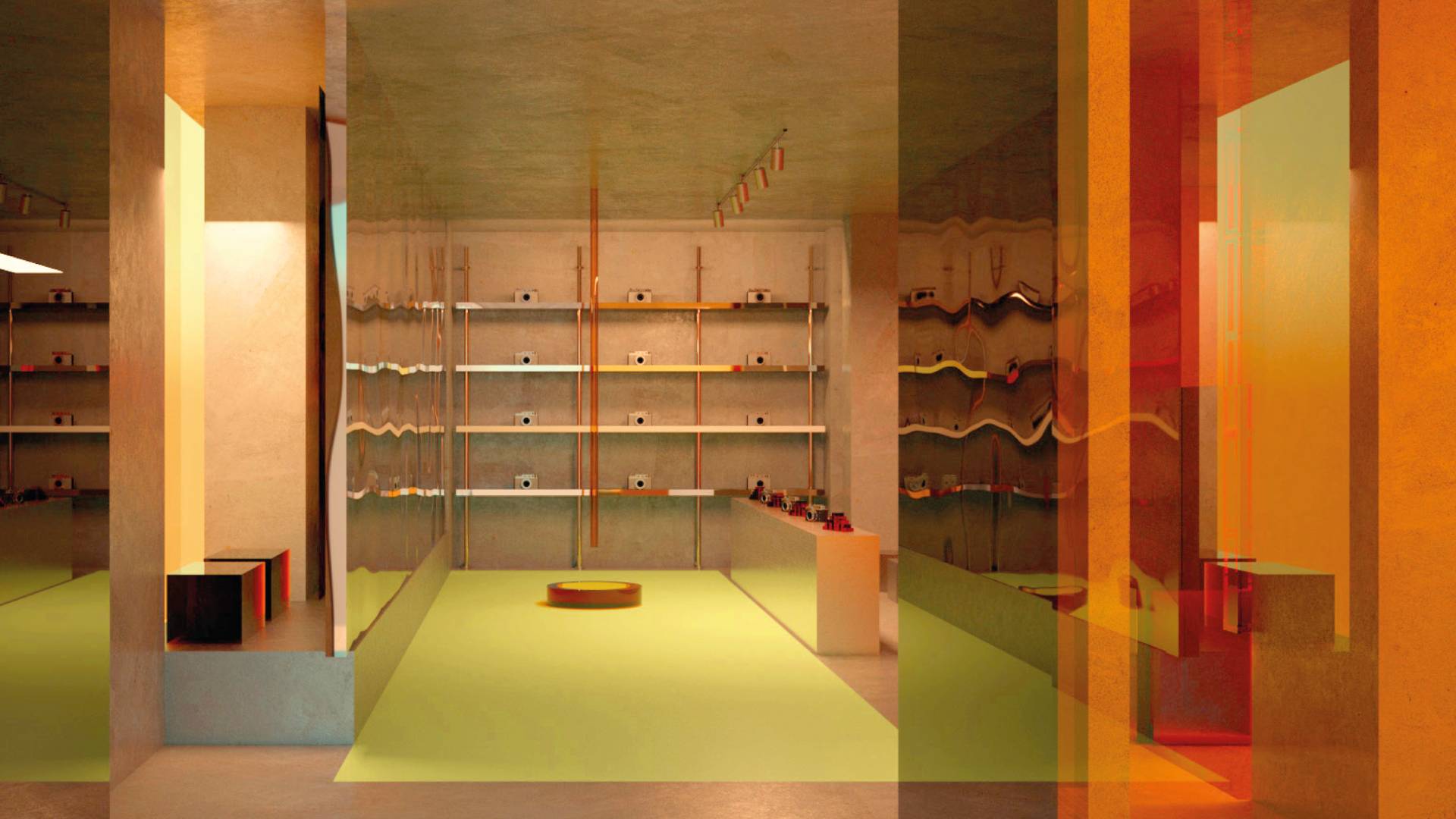 Una tienda moderna con estantes vacíos y una iluminación colorida que crea un ambiente vibrante.