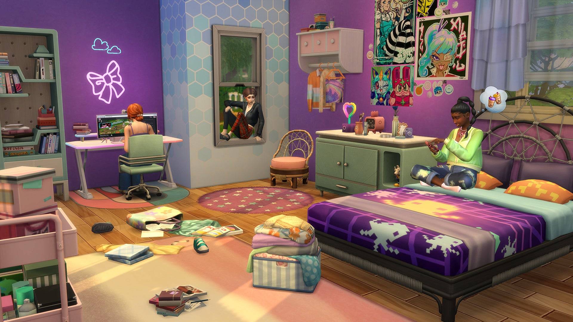 Una habitación juvenil colorida y desordenada con dos chicas, una en el escritorio y otra en la cama, y un chico asomándose por la ventana.