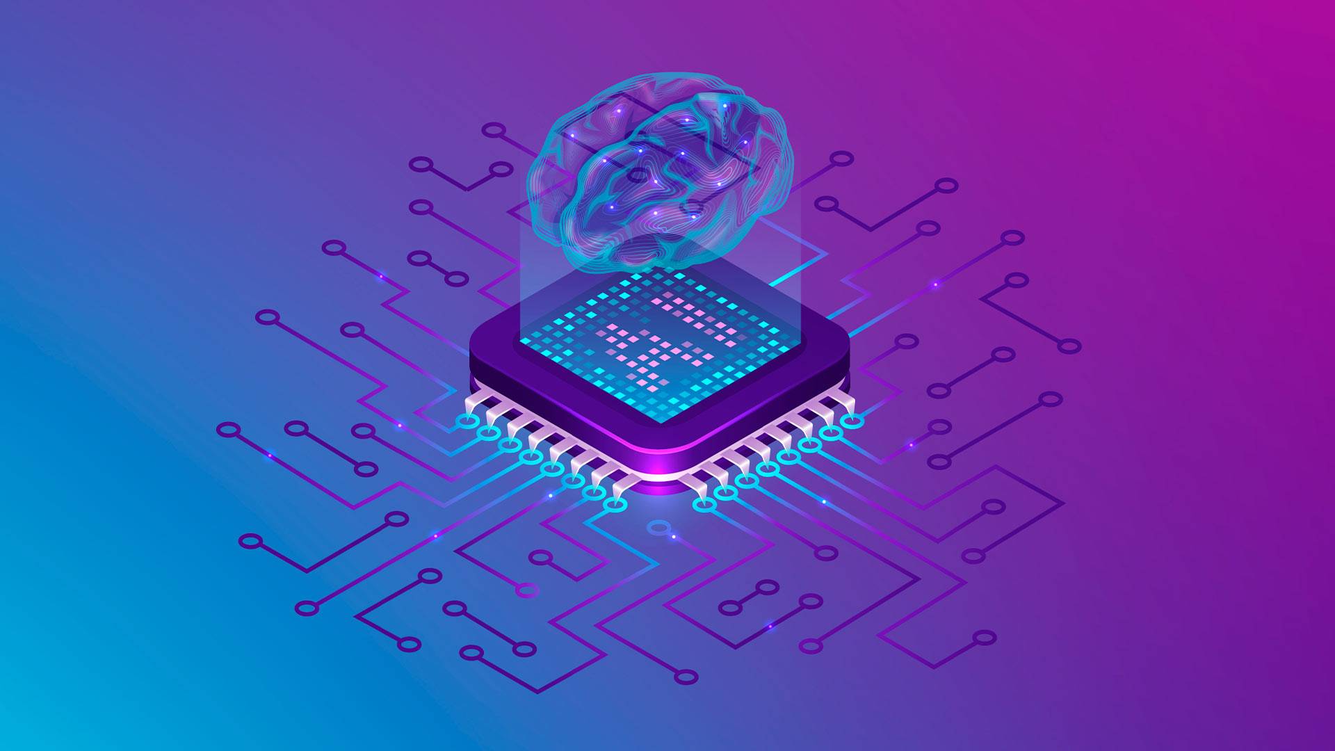 La imagen muestra un cerebro humano flotando sobre un microchip, simbolizando la conexión entre la inteligencia artificial y la cognición humana.