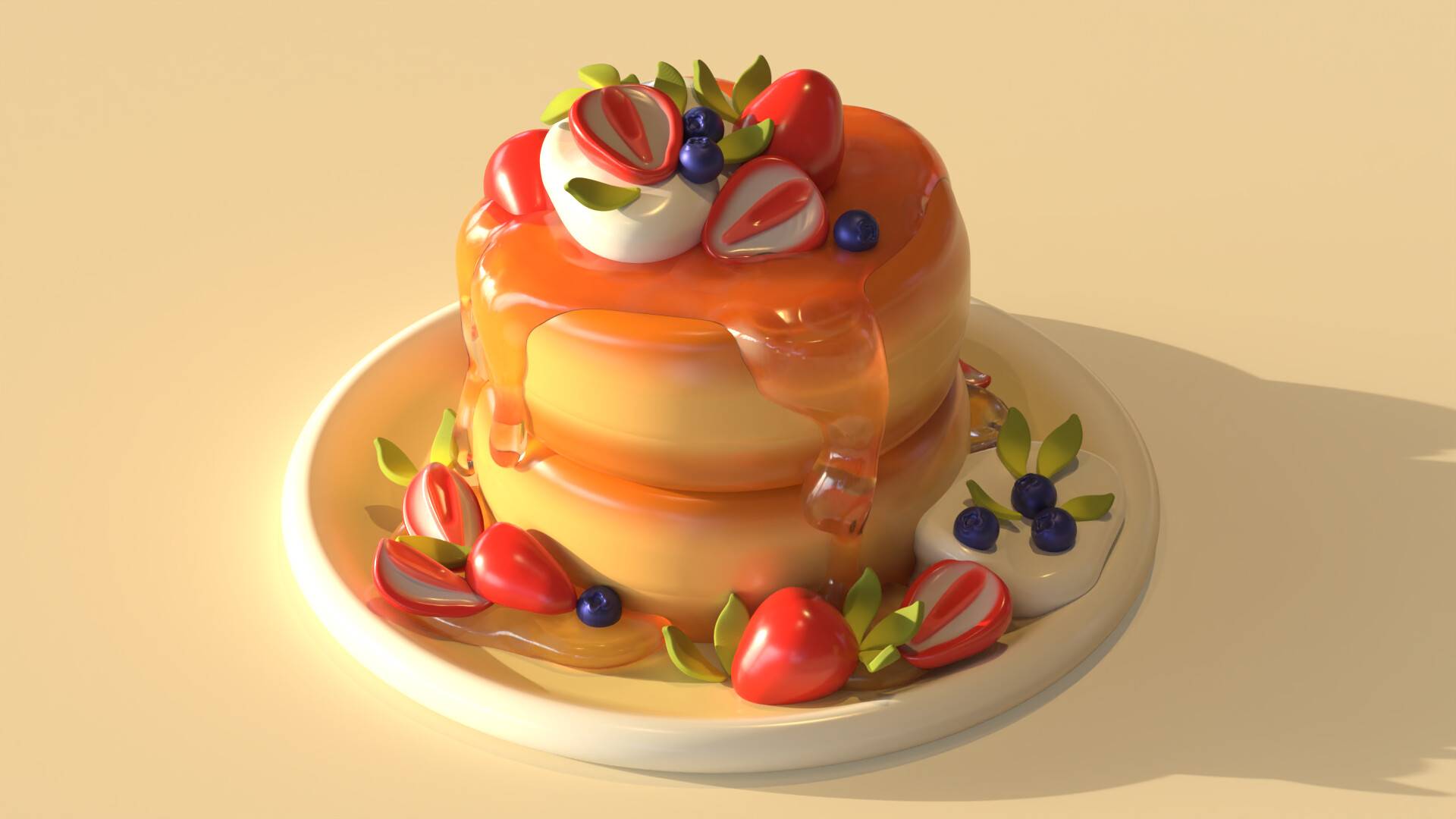 Un delicioso postre de panqueques cubiertos con jarabe y decorados con fresas y arándanos.