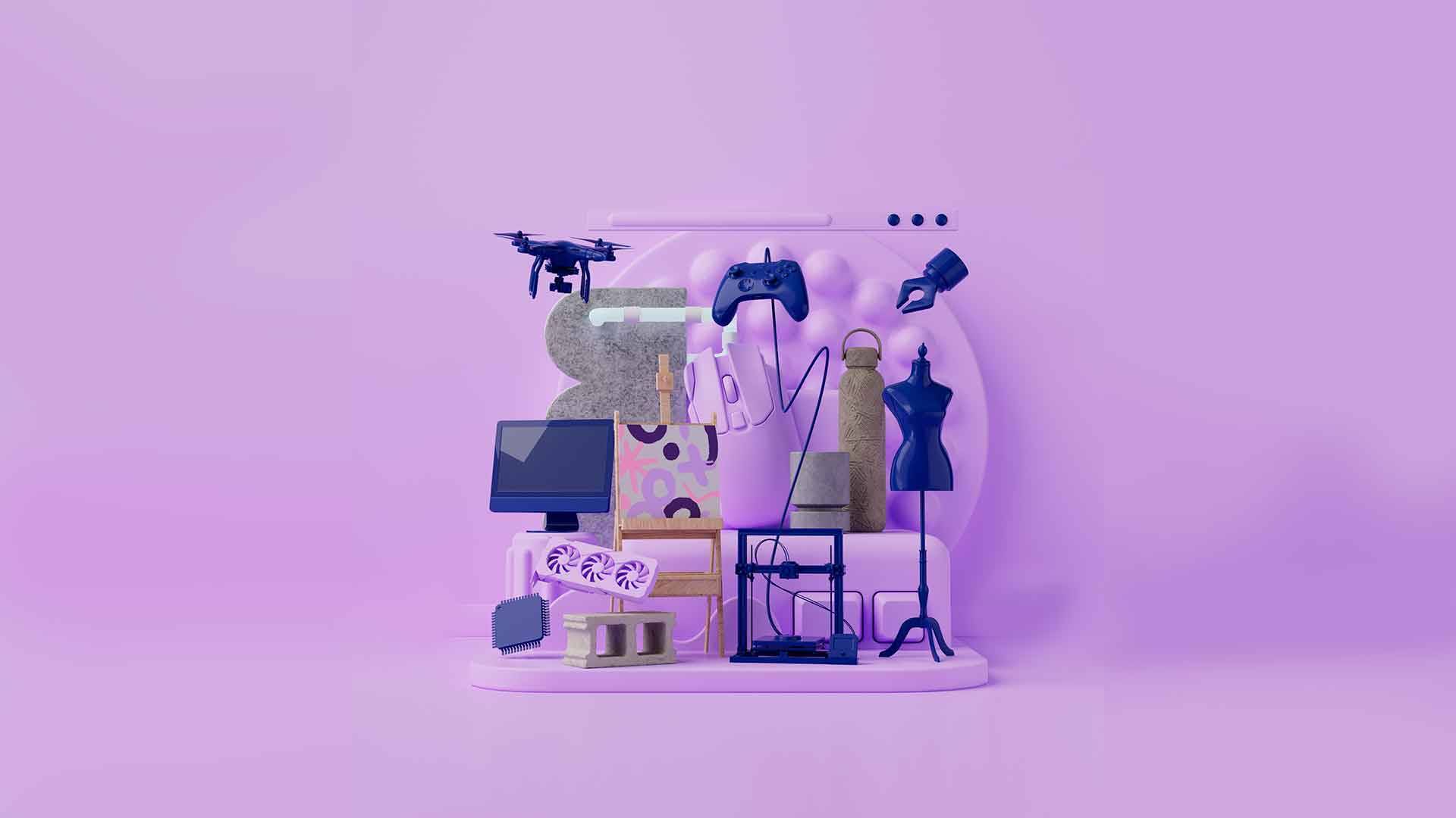 Una composición de objetos modernos sobre un fondo púrpura que incluye tecnología, moda y arte.