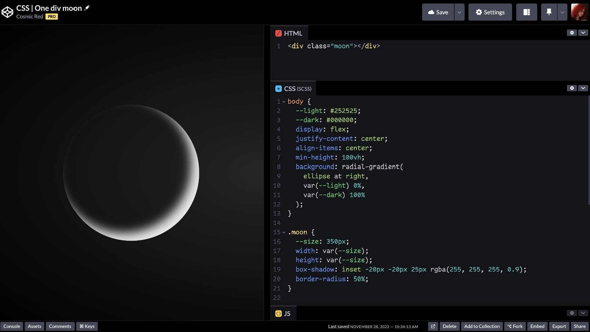 La imagen muestra un diseño de un div que representa un objeto similar a la luna en un fondo oscuro.