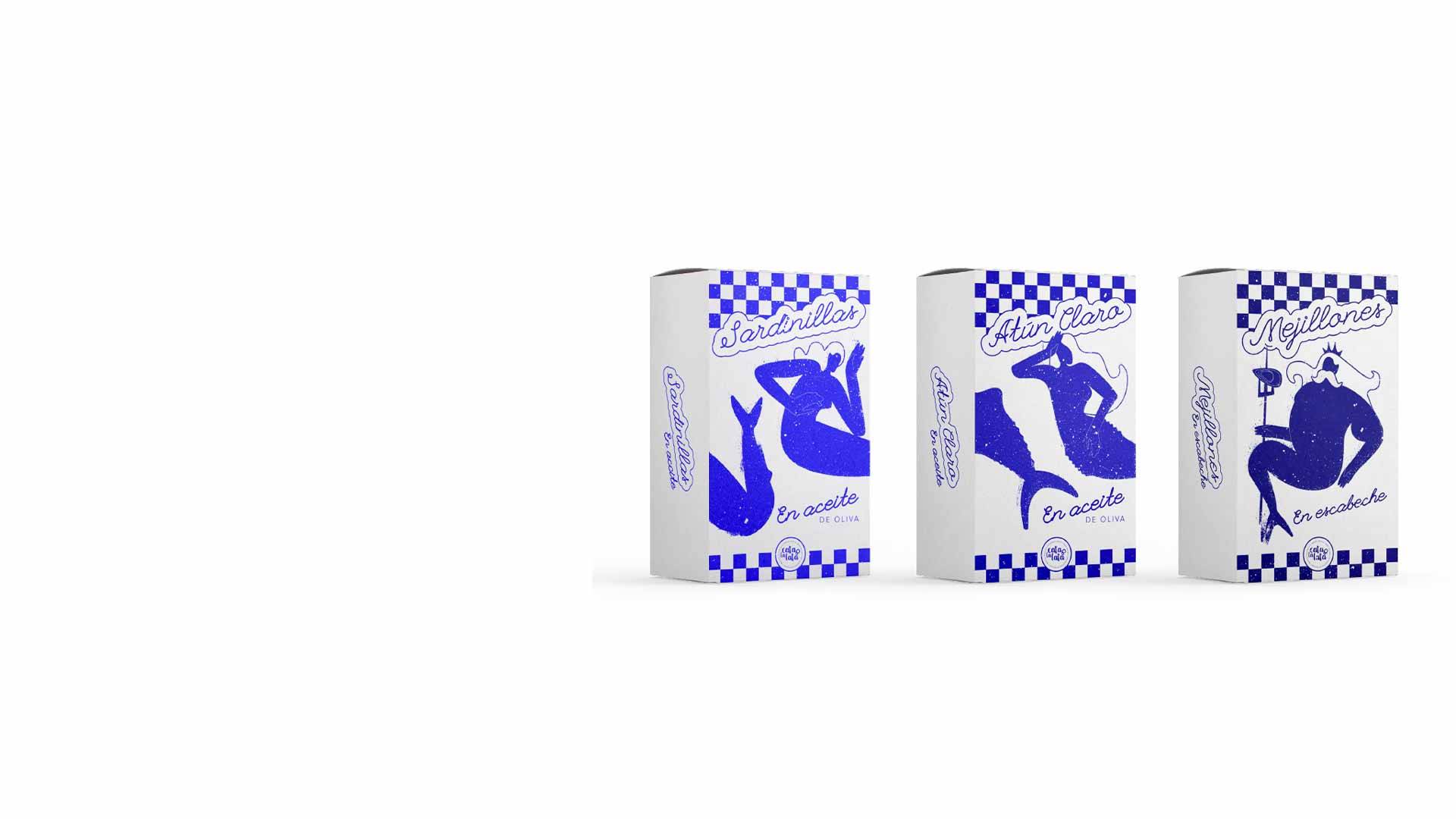 Tres cajas de productos con ilustraciones en azul sobre fondo blanco, representando figuras femeninas estilizadas.