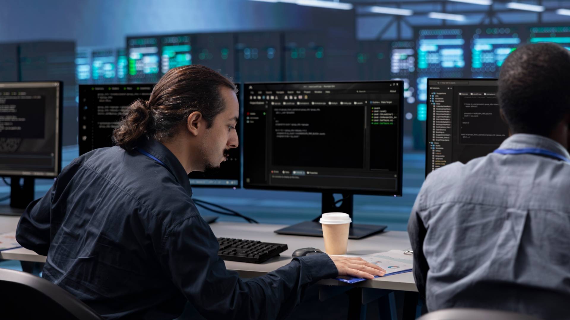 Una persona trabaja en una estación de computadoras en un entorno tecnológico avanzado.