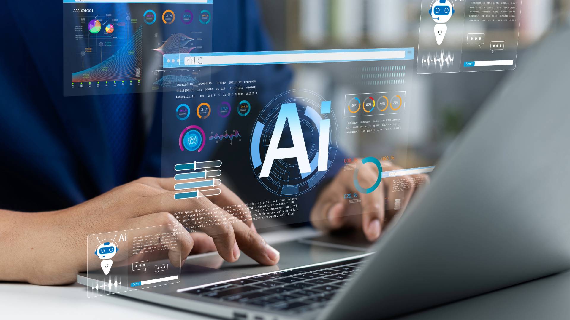 Una persona trabajando en un portátil con gráficos que representan inteligencia artificial.