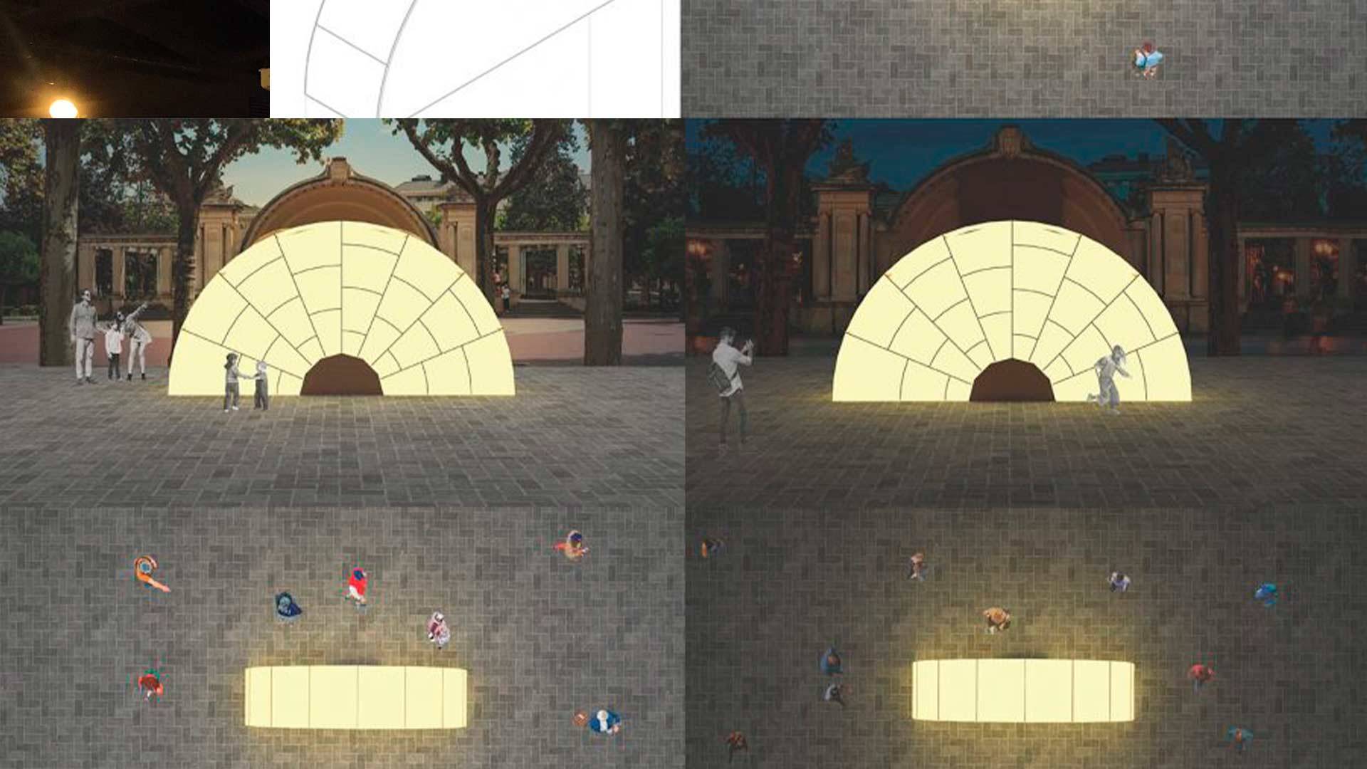 Una instalación artística luminosa en un espacio público, donde varias personas interactúan alrededor de una estructura en forma de semicírculo.