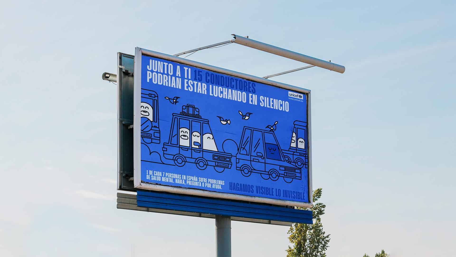 Una valla publicitaria que promueve la concienciación sobre conductores que pueden estar luchando con problemas de salud mental.