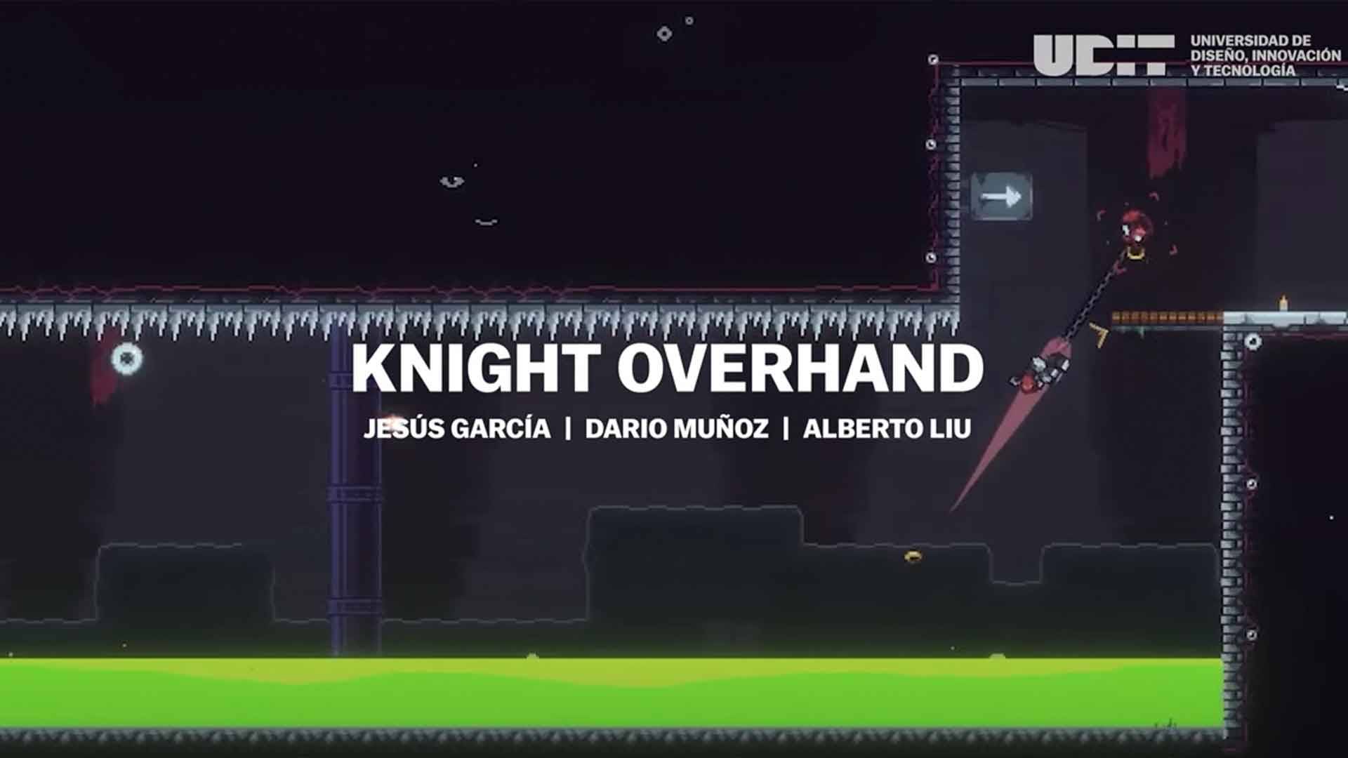 La imagen muestra un videojuego titulado 'Knight Overhand' con un personaje saltando en un entorno oscuro y plataformas.