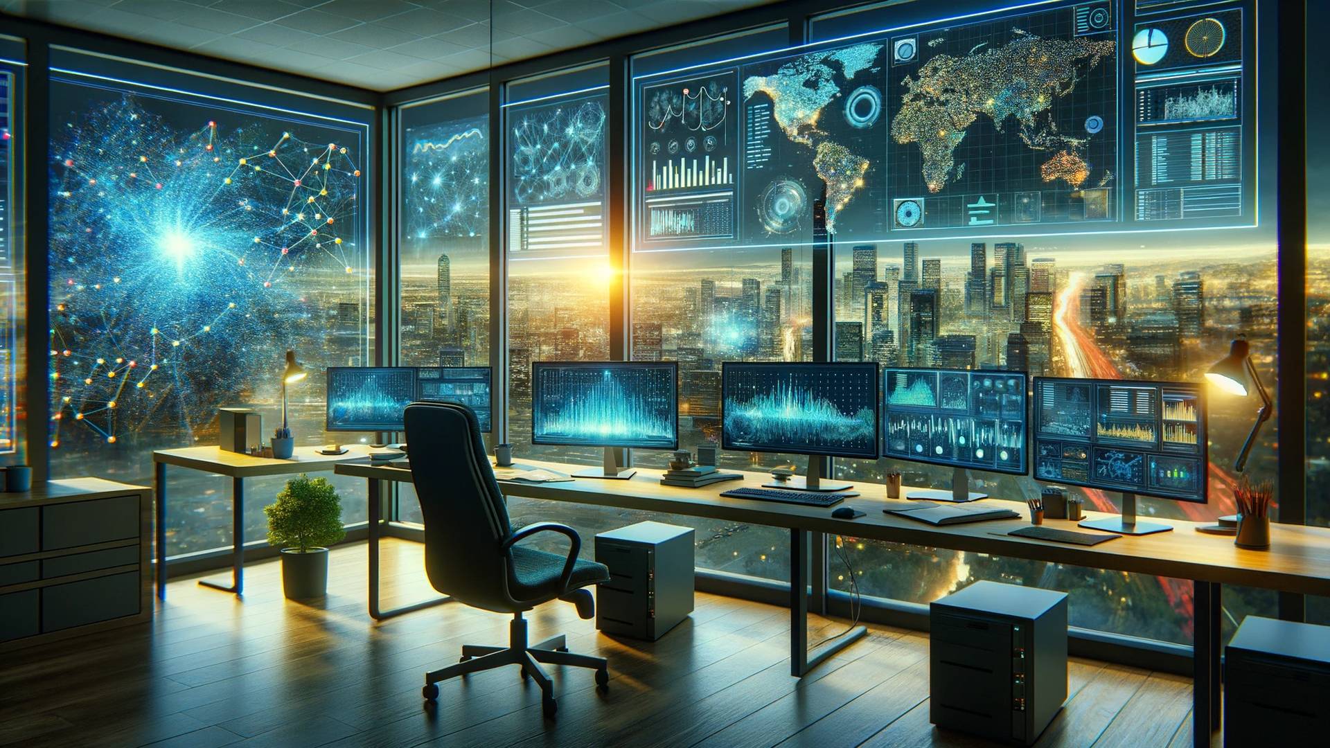 La imagen muestra una moderna oficina con múltiples pantallas y una vista panorámica de la ciudad al atardecer.