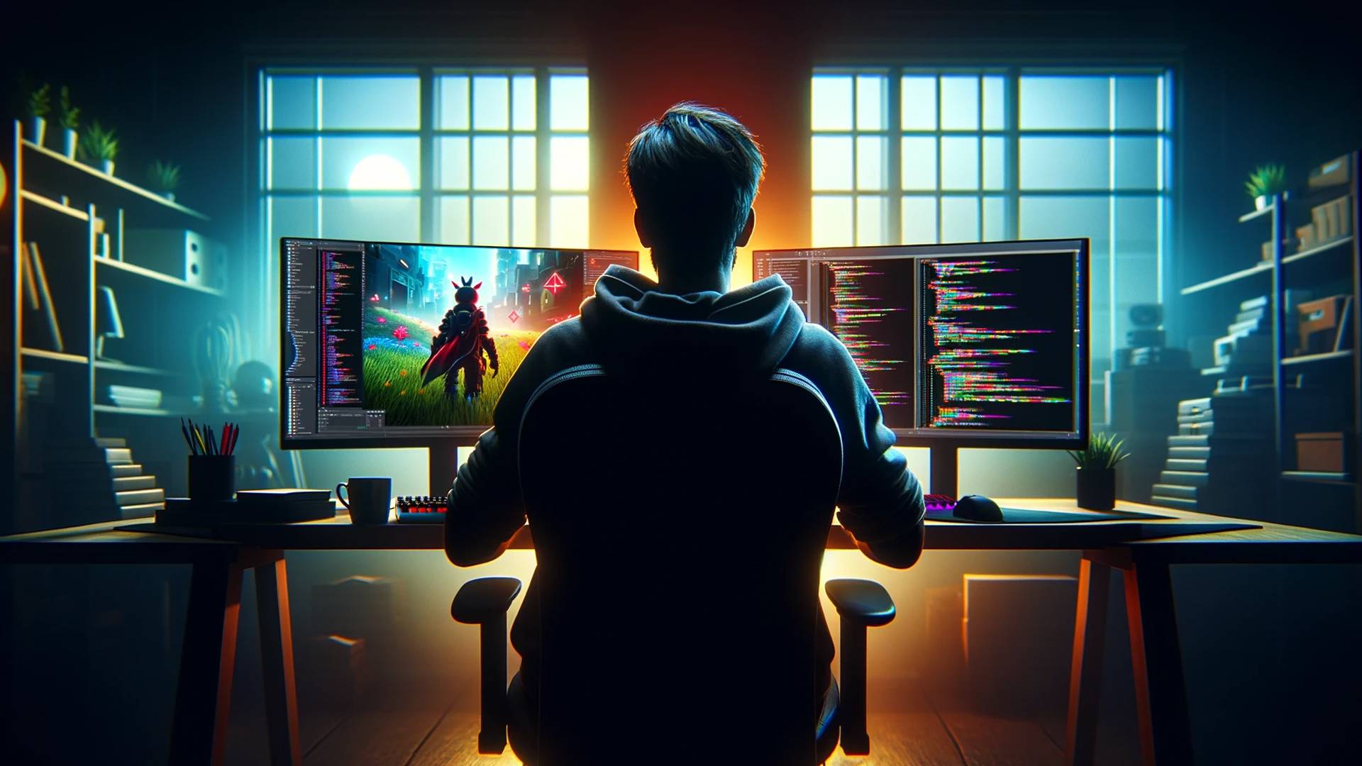 Una persona está sentada frente a dos pantallas en un ambiente de luz tenue, con un fondo que muestra programación y una escena de juego.
