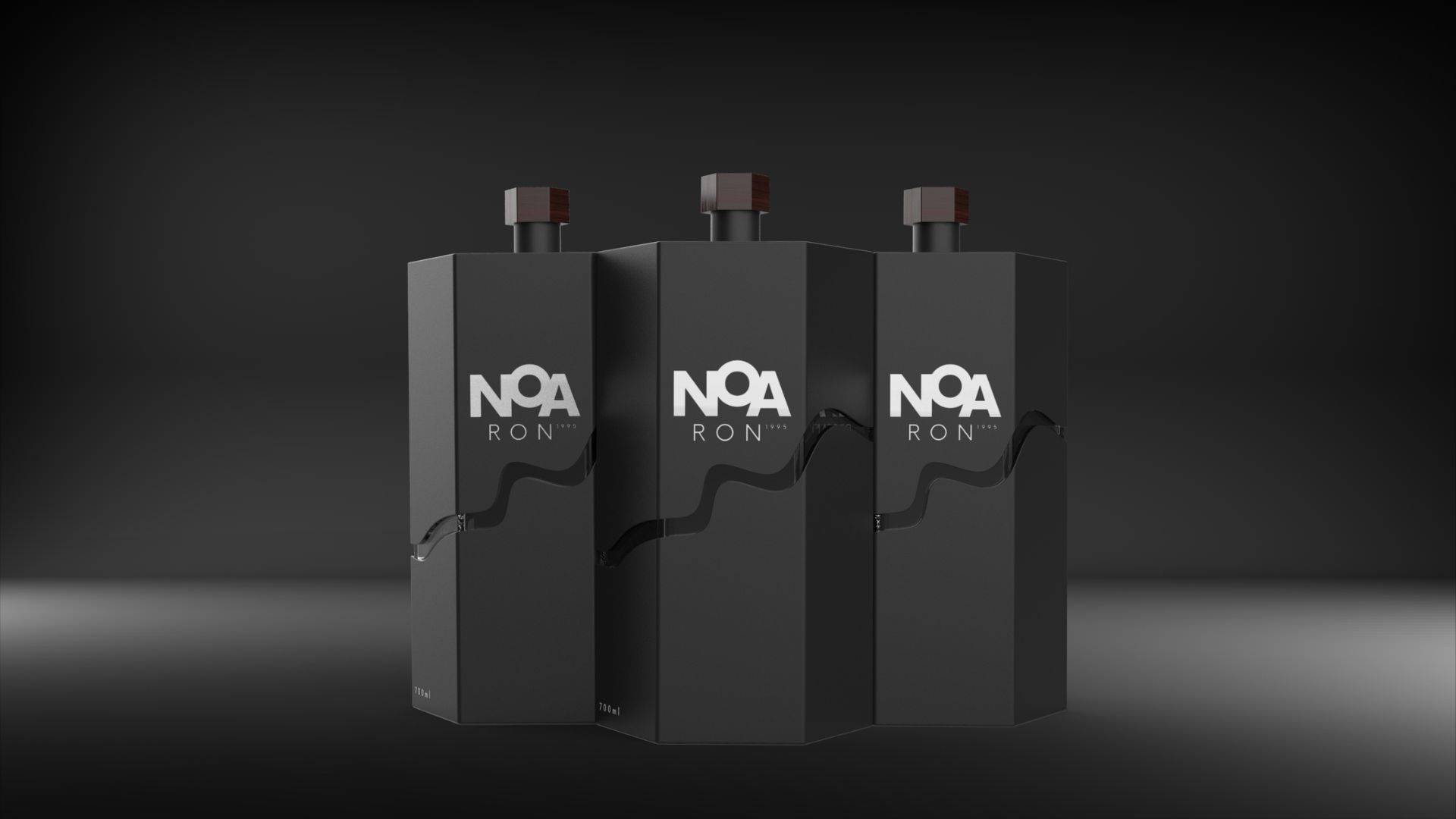 La imagen muestra tres botellas de ron con un diseño moderno y elegante en un fondo oscuro.