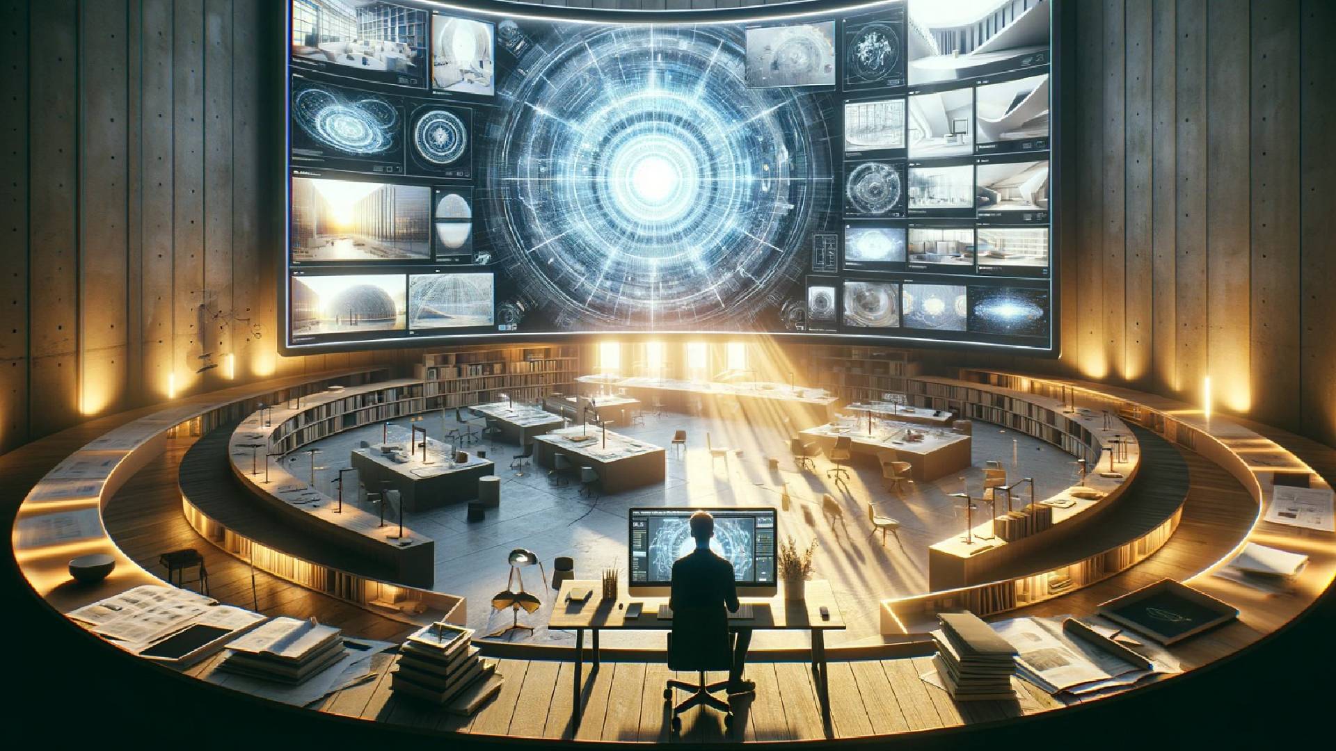 Una sala futurista con varias pantallas y una persona trabajando frente a una computadora en un ambiente iluminado.