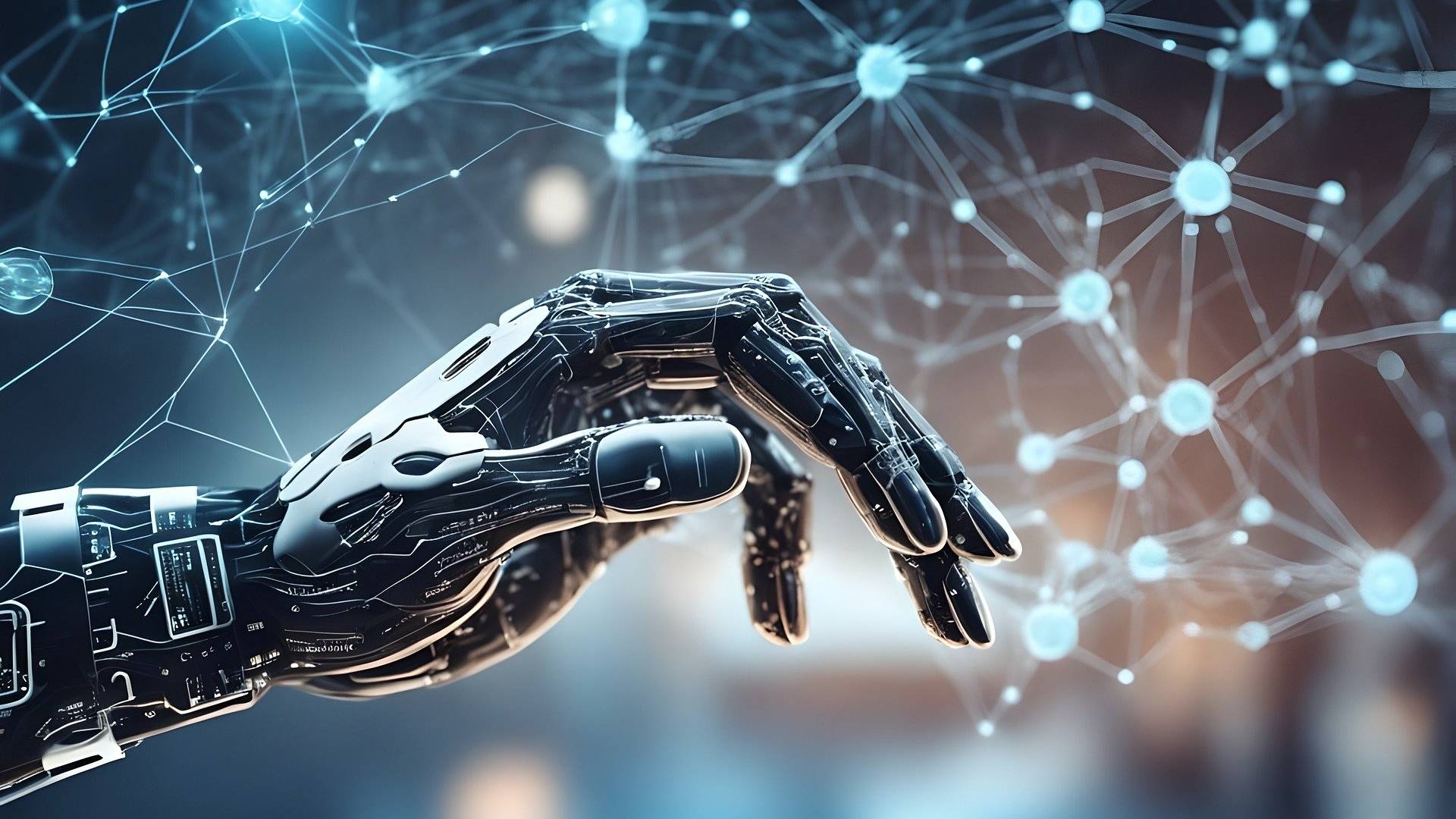 La imagen muestra una mano robótica con un diseño detallado y futurista, conectada a una red de nodos y líneas de datos.