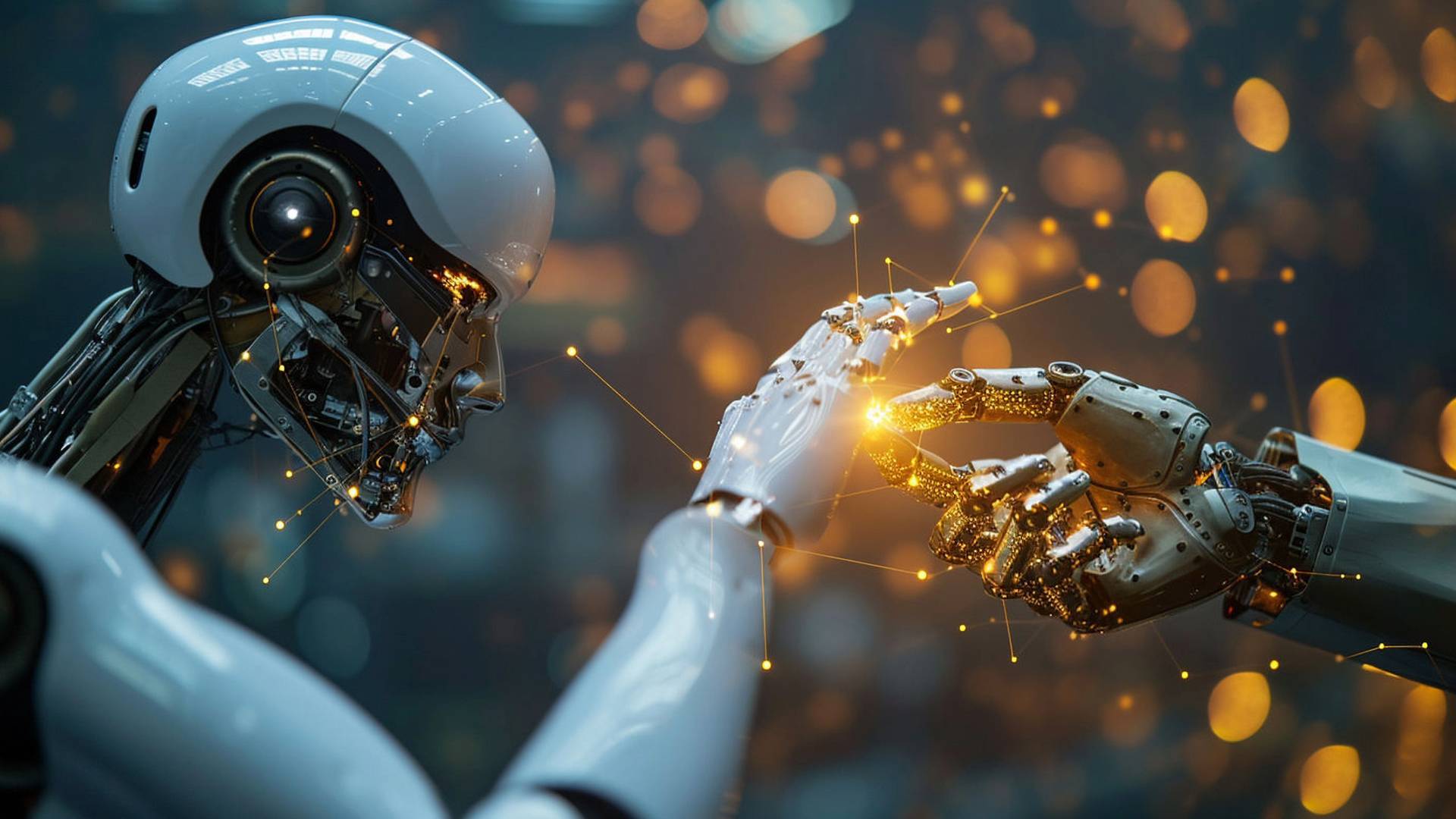 Un robot humanoide y una mano mecánica se tocan en un momento de conexión.