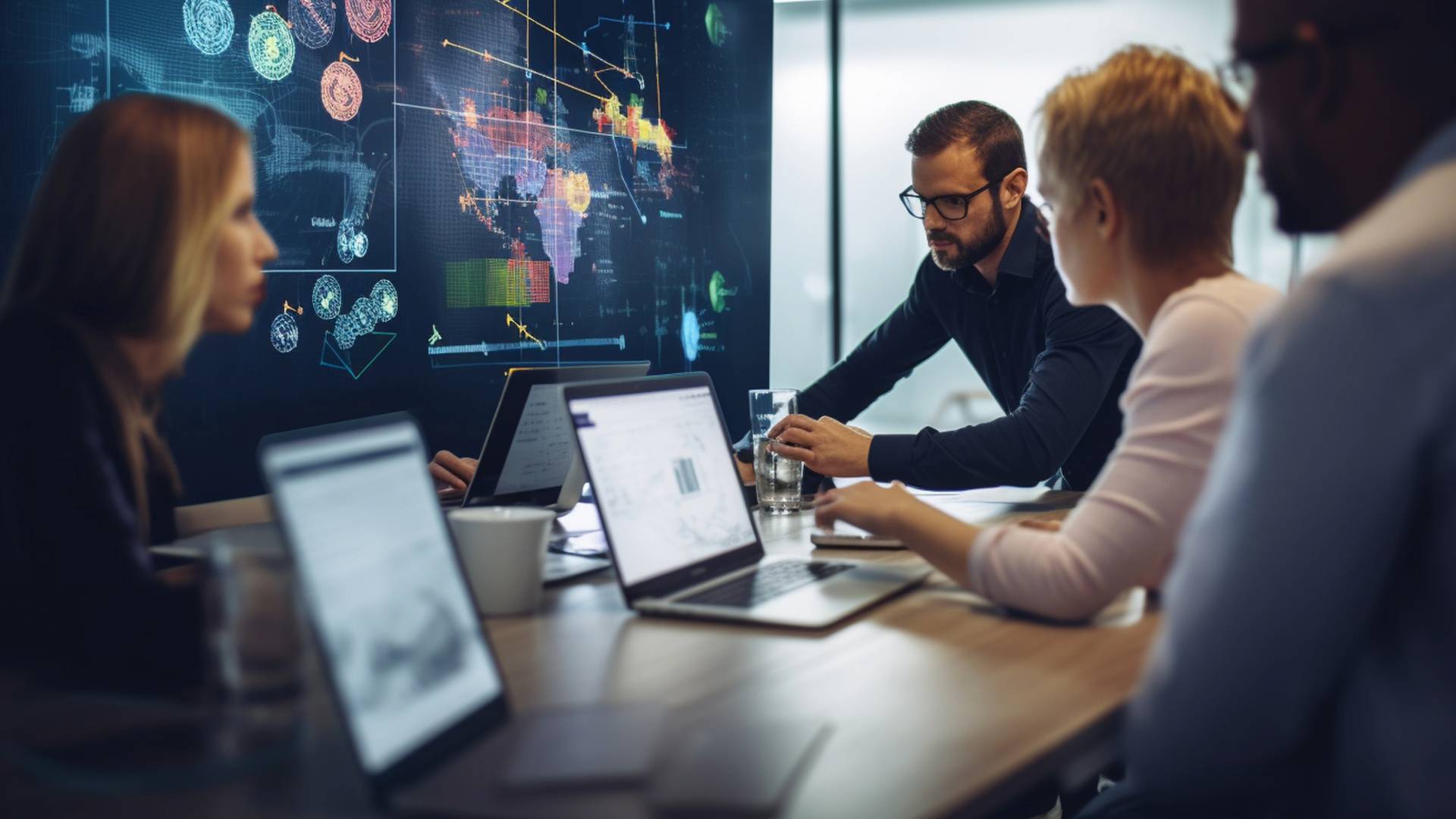 Un grupo de profesionales trabaja en una reunión con pantallas y dispositivos electrónicos en la mesa.