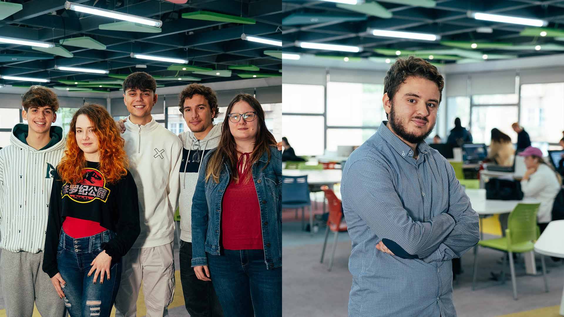 Un grupo de estudiantes posando en un entorno educativo moderno.