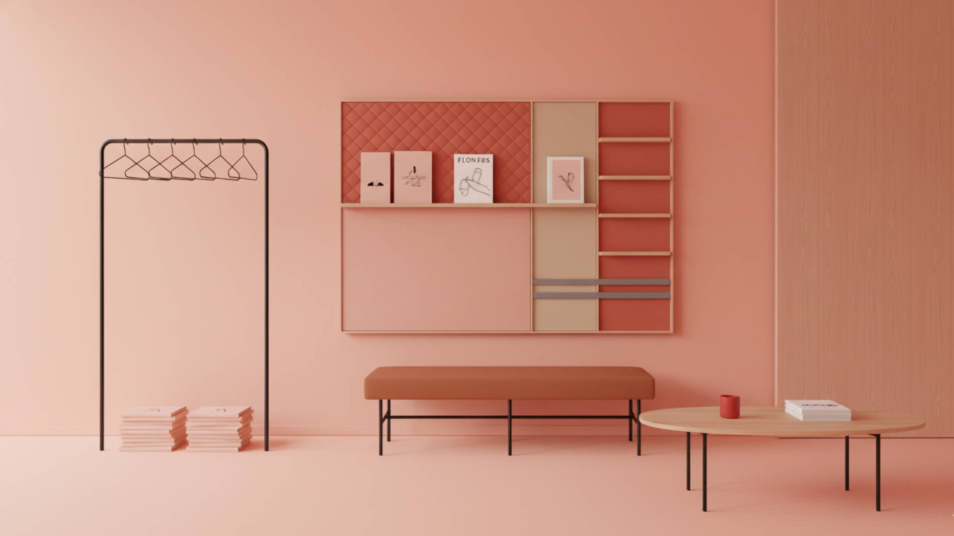 Una habitación minimalista con paredes rosadas y muebles sencillos en tonos coordinados.