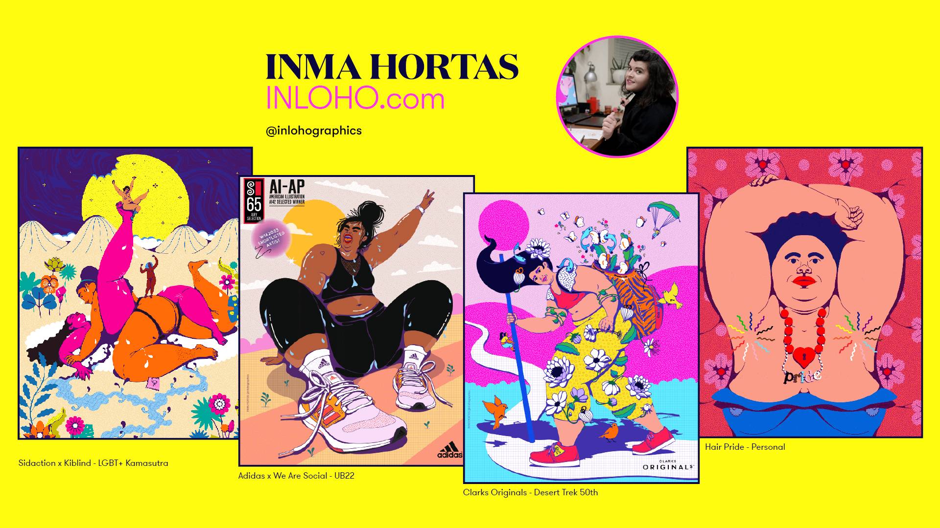 Collage de ilustraciones de Inma Hortas con colores vibrantes y personajes diversos.