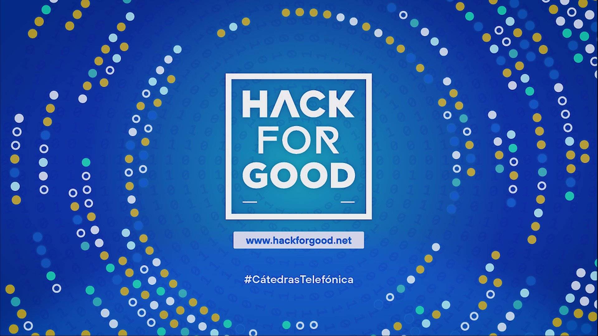 Imagen promocional del evento Hack for Good con un fondo azul y texto en el centro.
