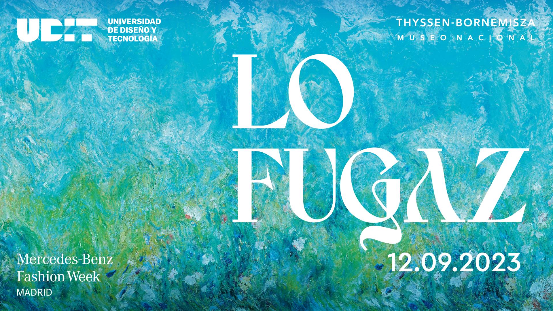 Cartel de un evento de moda con un fondo artístico colorido.