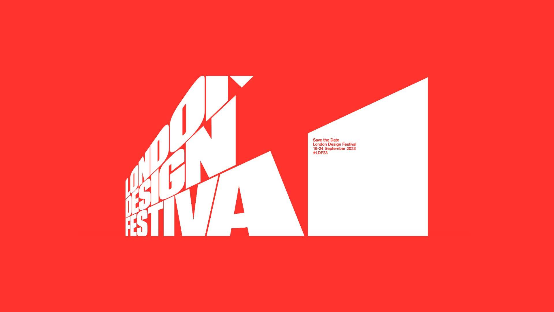 Cartel del Festival de Diseño de Londres con un fondo rojo y texto en blanco.