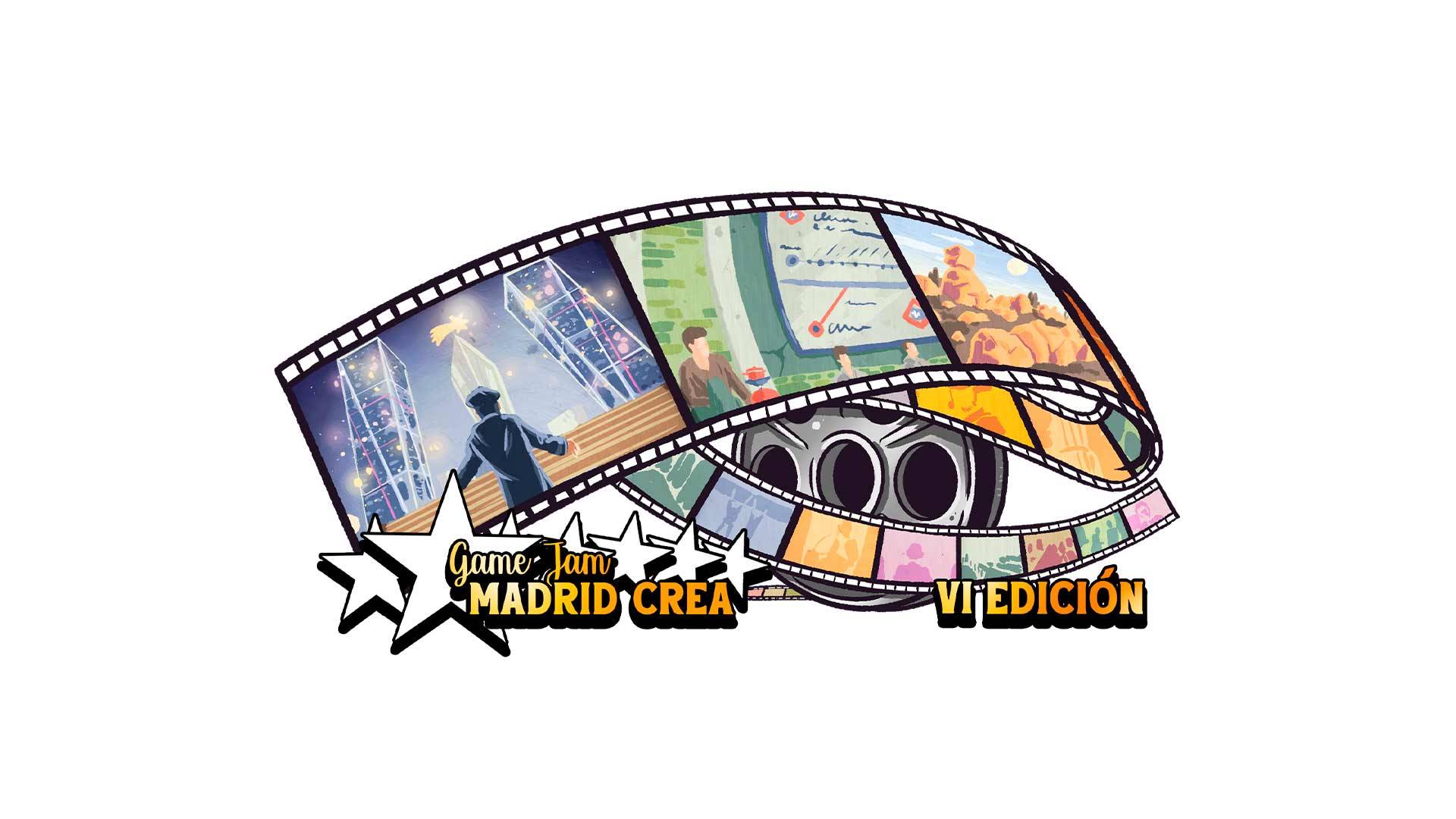 Logo del evento Game Jam Madrid Crea en su sexta edición, con elementos de cine y videojuegos.