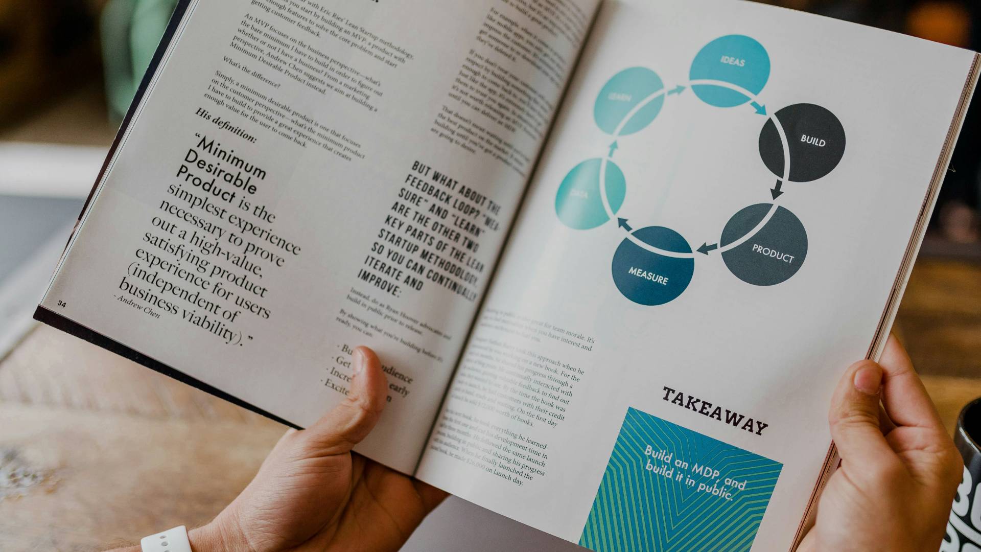Una persona sostiene un libro abierto que muestra un diagrama de flujo sobre el desarrollo de productos.