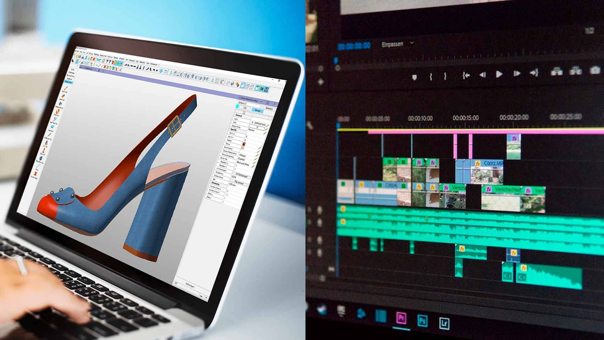 La imagen muestra un ordenador portátil con un diseño de zapato en 3D y una pantalla de edición de vídeo.