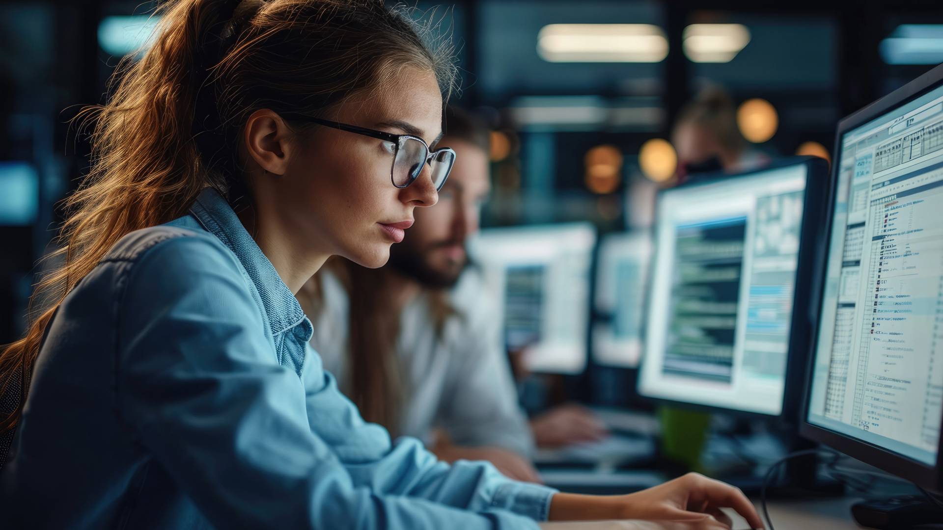 Una joven concentrada frente a una computadora en un entorno de trabajo moderno.