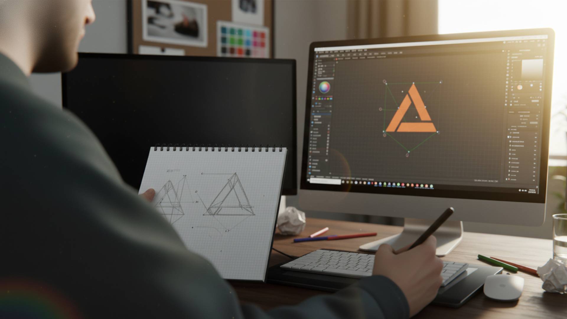 Una persona trabaja en un diseño gráfico en su ordenador mientras sostiene un cuaderno con bocetos de triángulos.