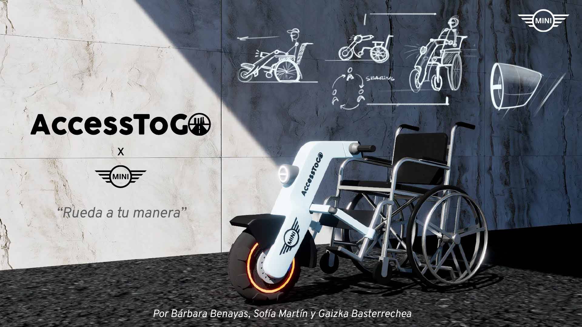 La imagen presenta un diseño innovador de una silla de ruedas eléctrica junto a bocetos técnicos.