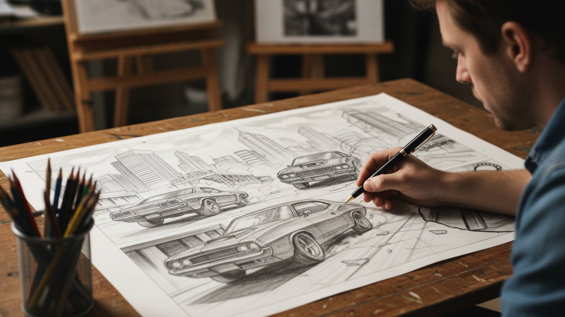 Un artista dibuja coches deportivos en un boceto sobre una mesa de trabajo.