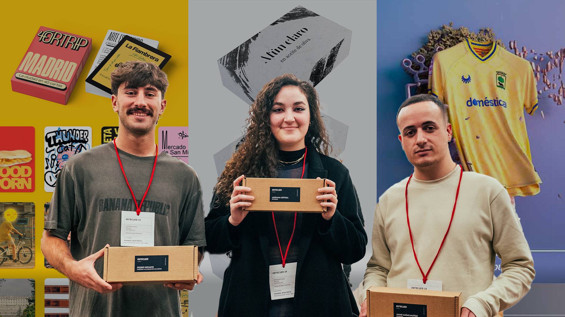 Tres personas sostienen cajas en un evento, rodeados de coloridos carteles y objetos de diseño.