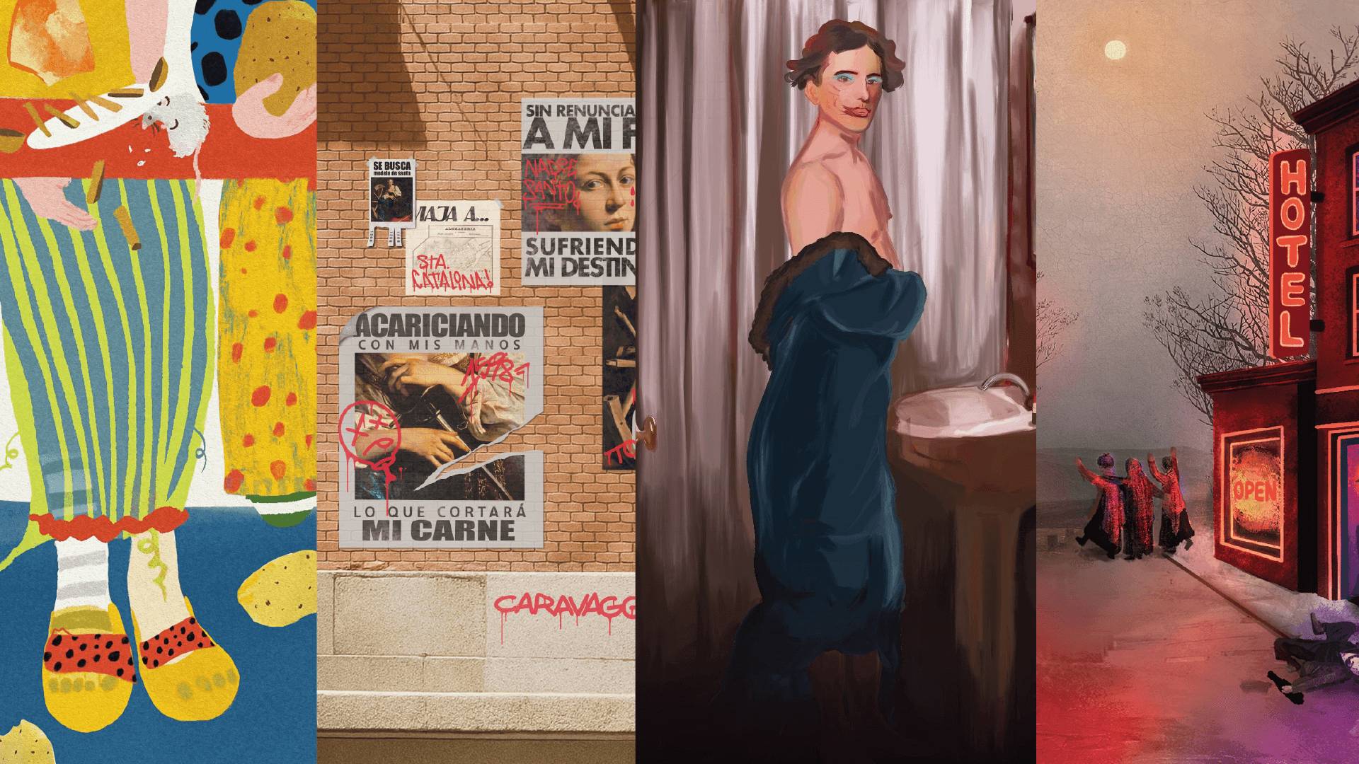 Una composición artística que muestra diferentes estilos y temáticas en un collage colorido.