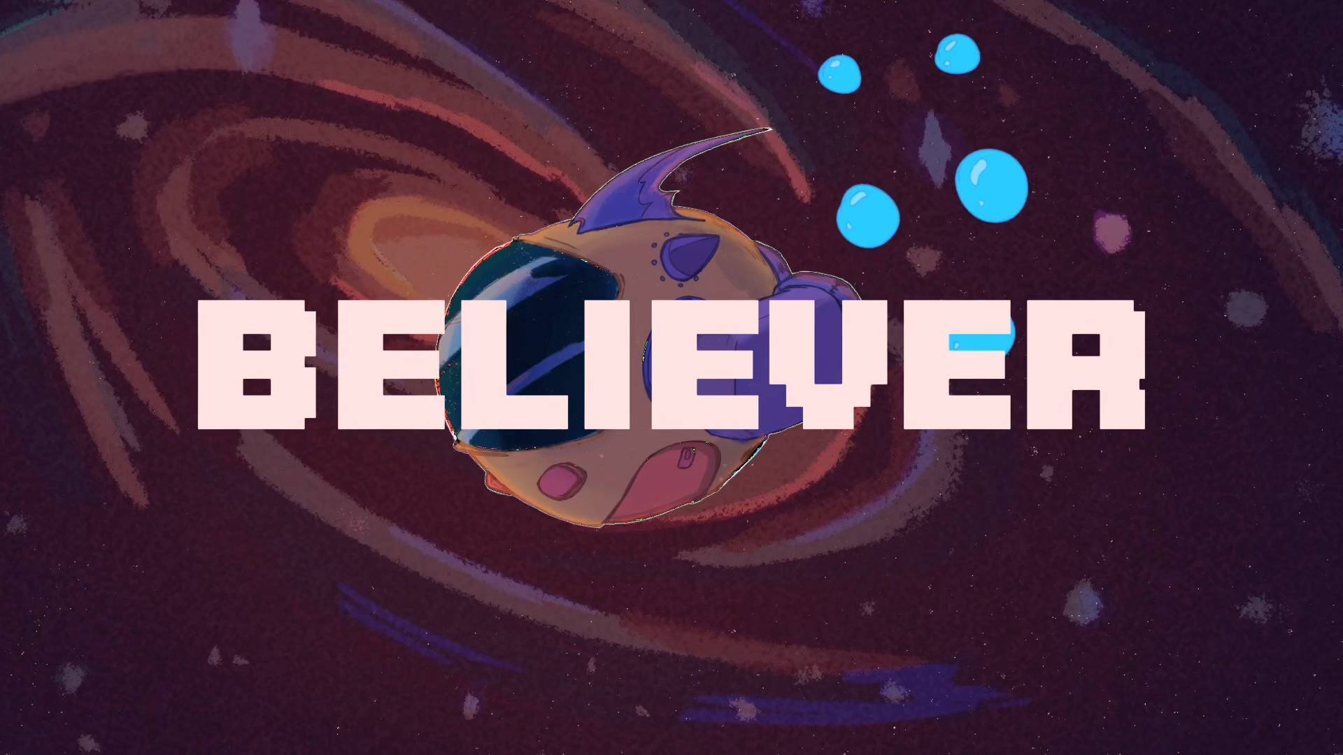 Una ilustración colorida que presenta una nave espacial en un fondo galáctico con la palabra 'BELIEVER' en letras grandes y destacadas.