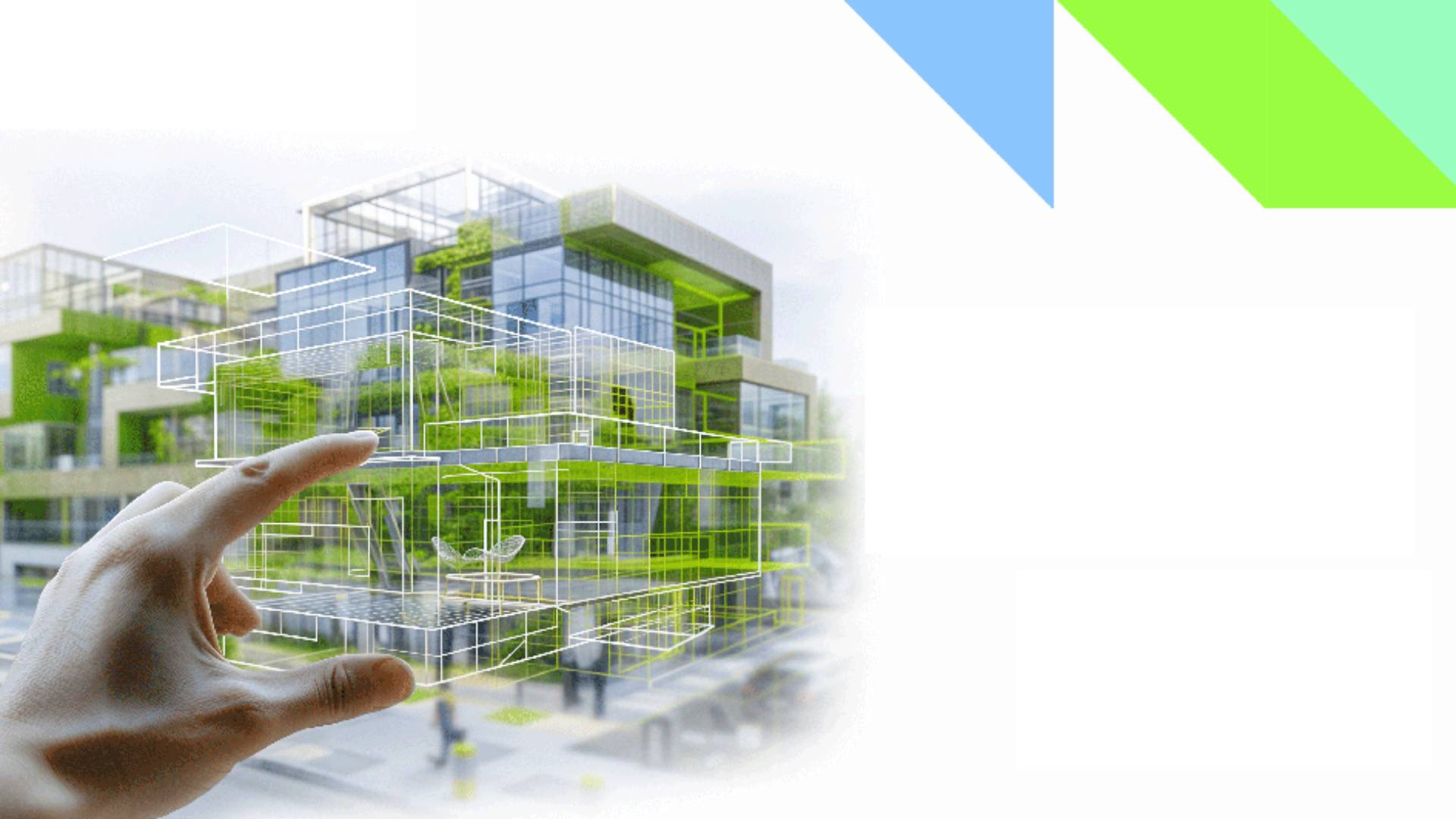 La imagen muestra una mano interactuando con un modelo arquitectónico digital y sostenible de un edificio.