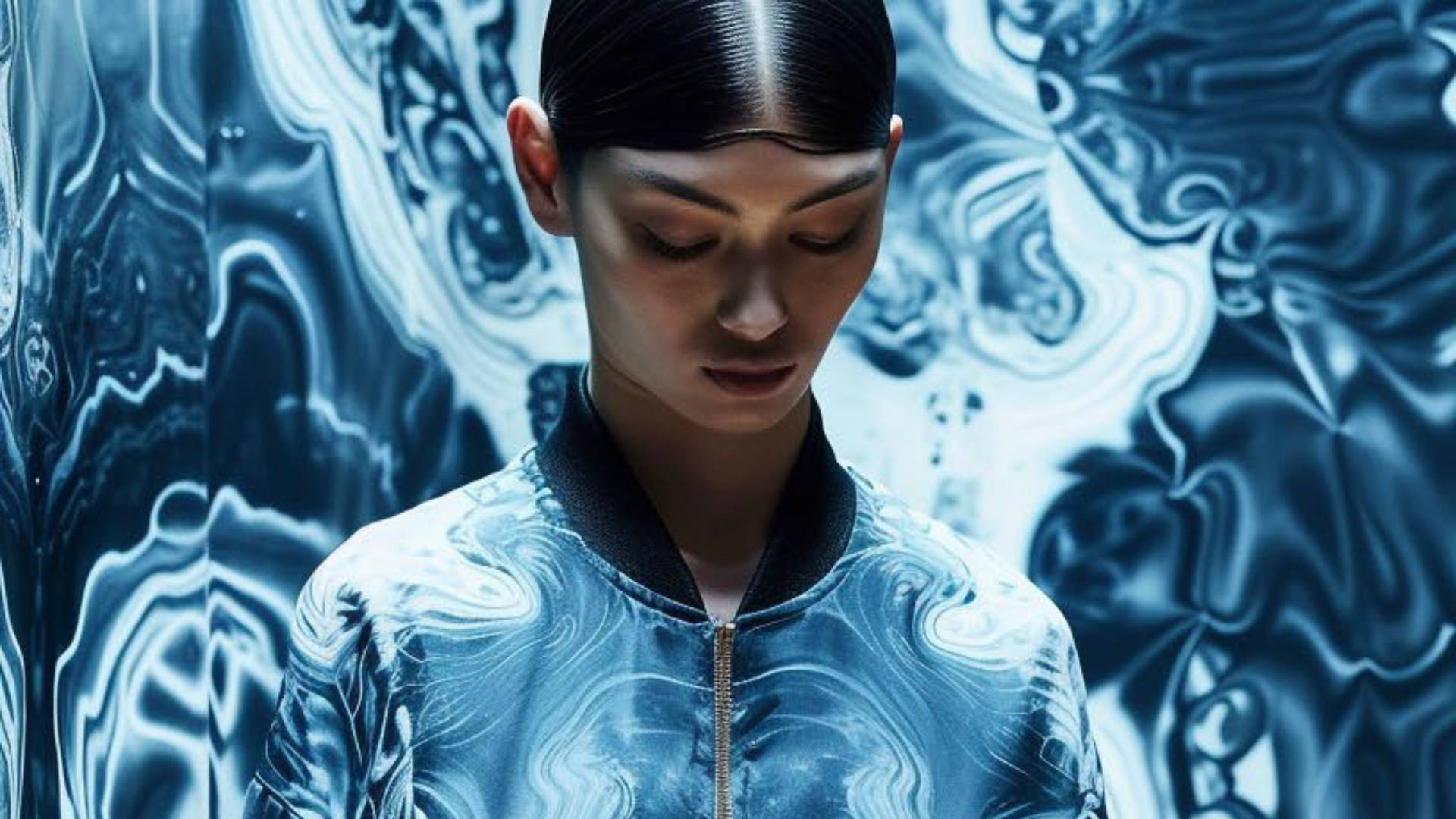 Una joven viste una chaqueta brillante mientras se encuentra rodeada de patrones fluidos en tonos azules.