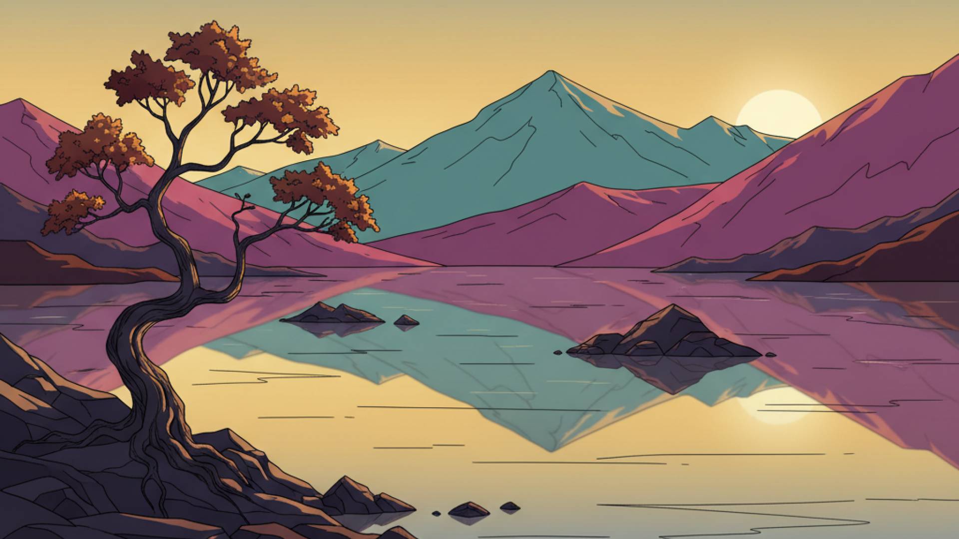 Un paisaje montañoso al atardecer con un lago reflejante y un árbol solitario en primer plano.