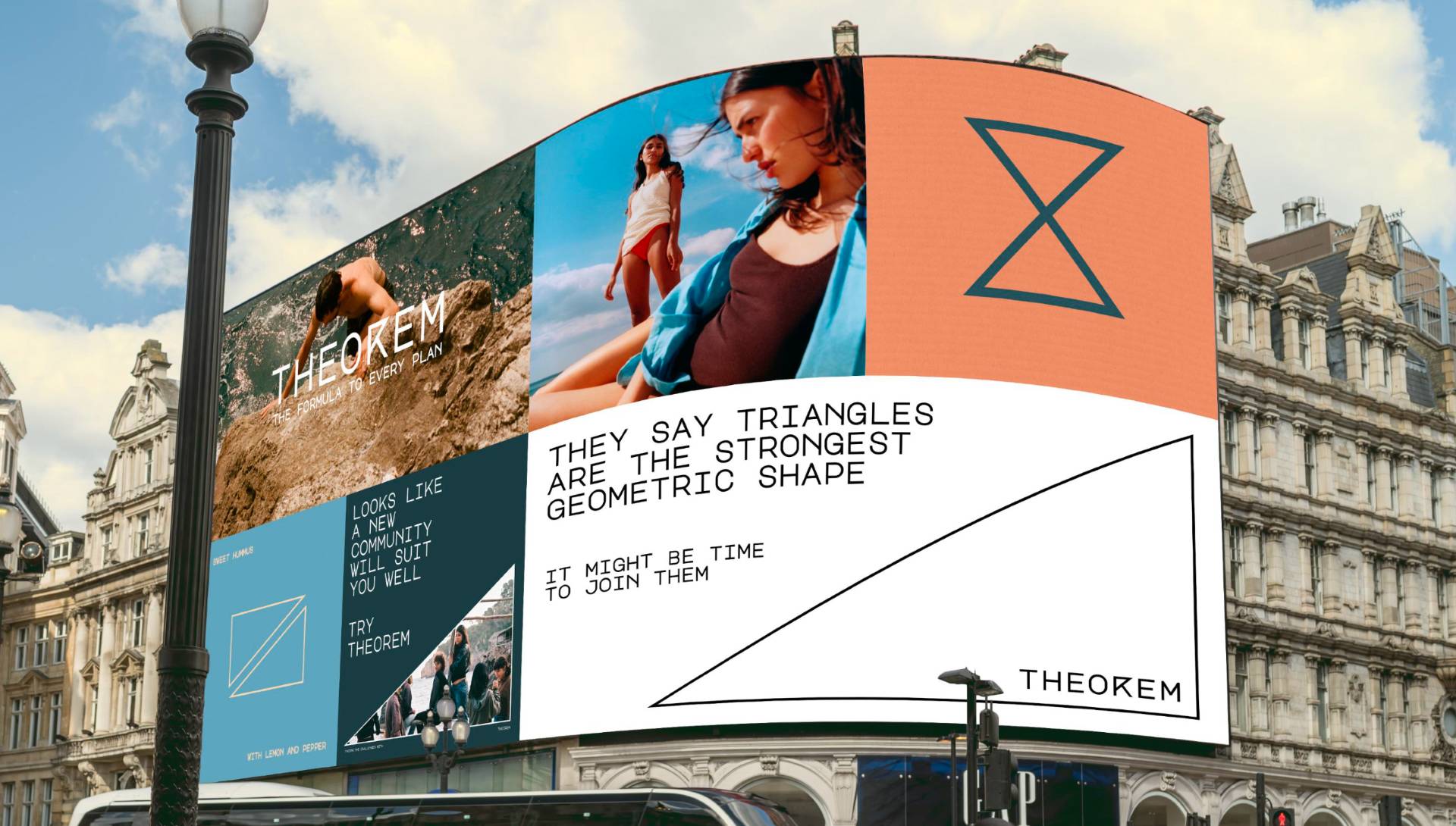 Un gran cartel publicitario en una calle con imágenes y texto promocional sobre la geometría y la comunidad.