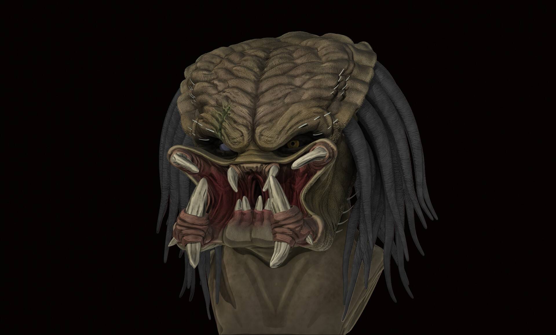 La imagen presenta la cabeza de un extraterrestre con características feroces y un diseño detallado.