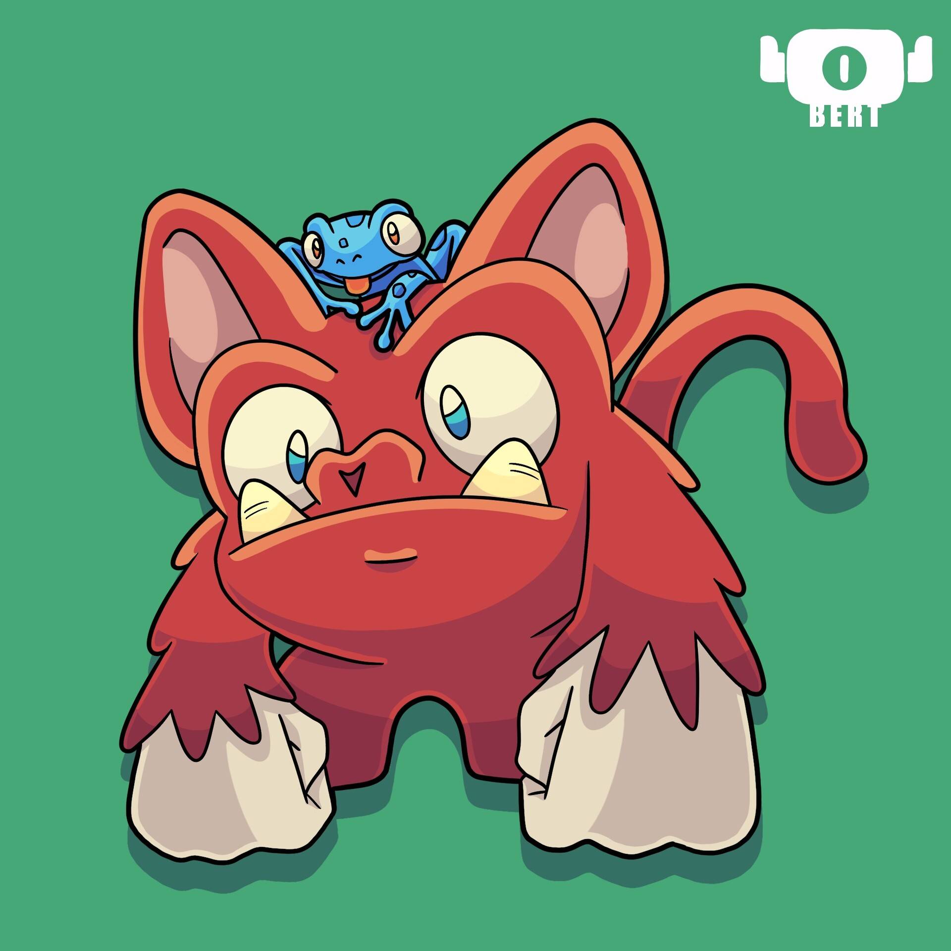 Una criatura de aspecto felino de color rojo con un pequeño anfibio azul sobre su cabeza.